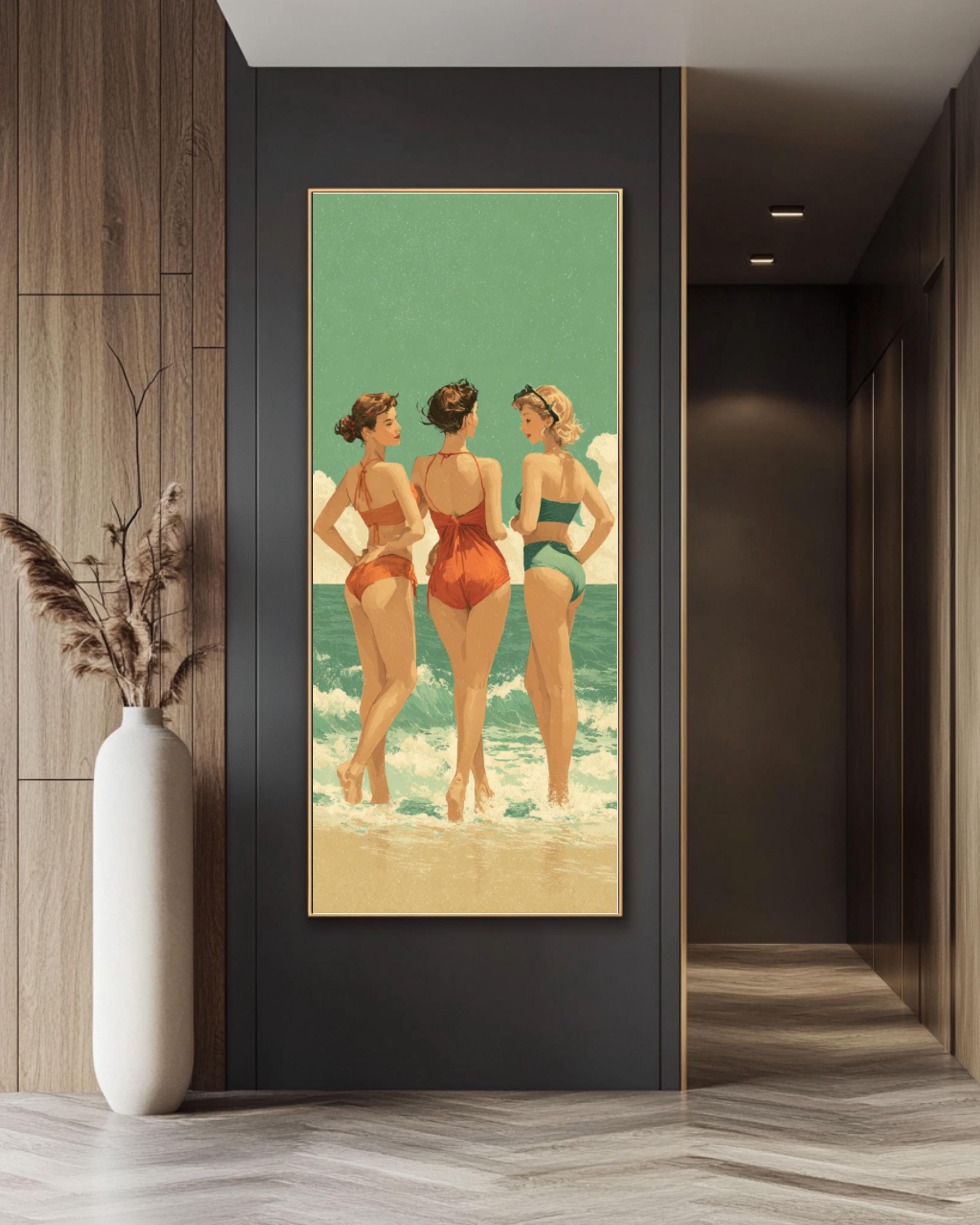 Retro Beach Print: Vintage Swimsuits, Green Sea Coastal Wall Art Canvas Wall Art – Modern Decor Print