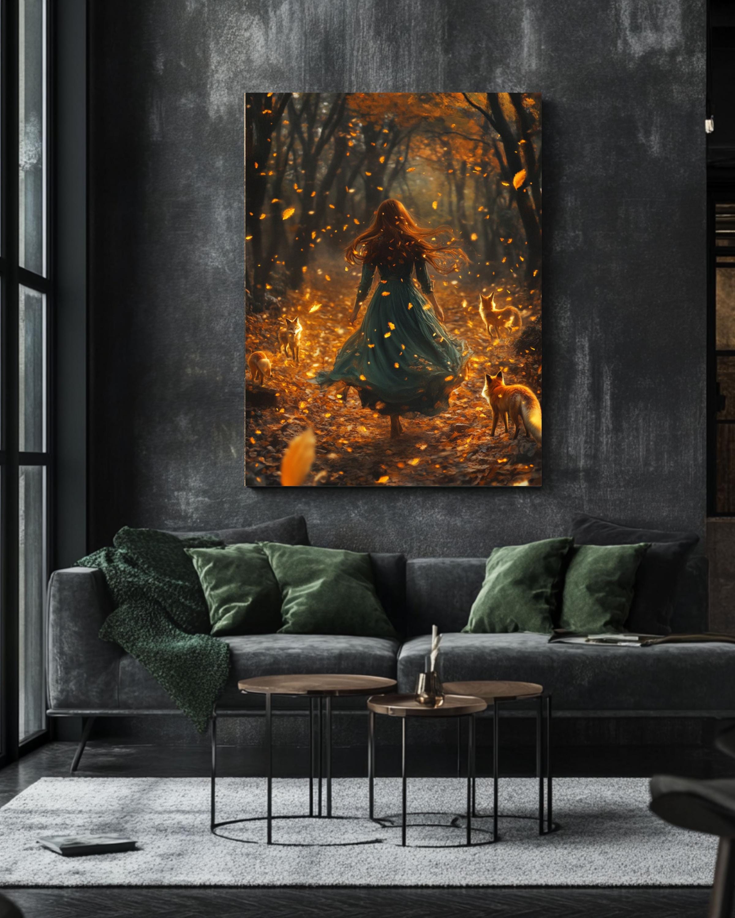 Enchanted Autumn Forest Art: Girl with Foxes, Fantasy Illustration Canvas Wall Art Print – Premium Home Decor