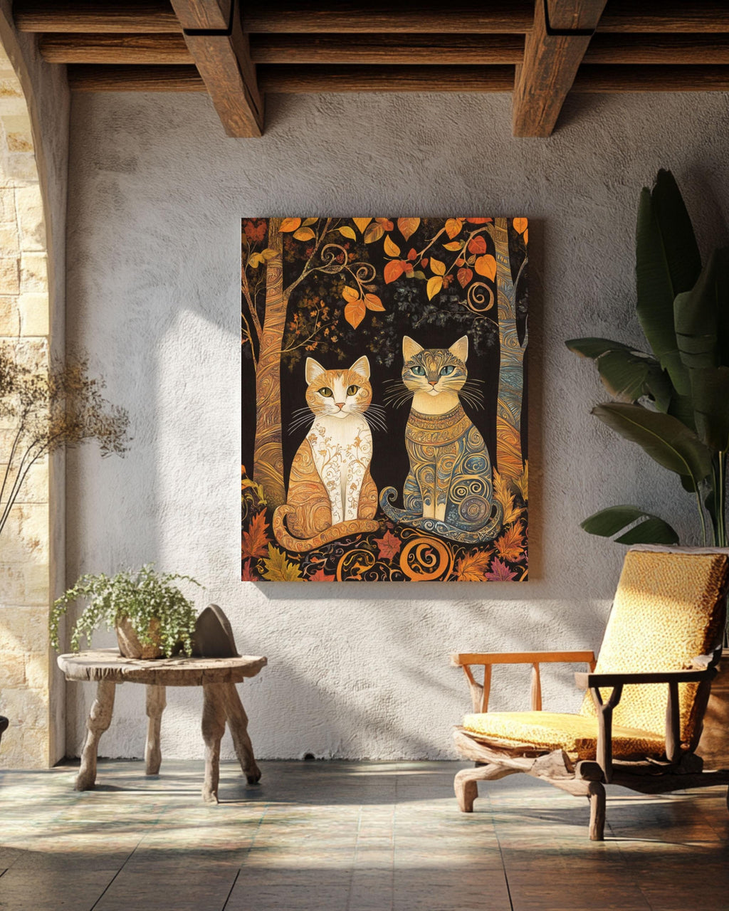 Autumn Cats Tapestry: Snake Scale Fur Design, Fall Forest Wall Art Canvas Wall Art Print – Premium Home Decor