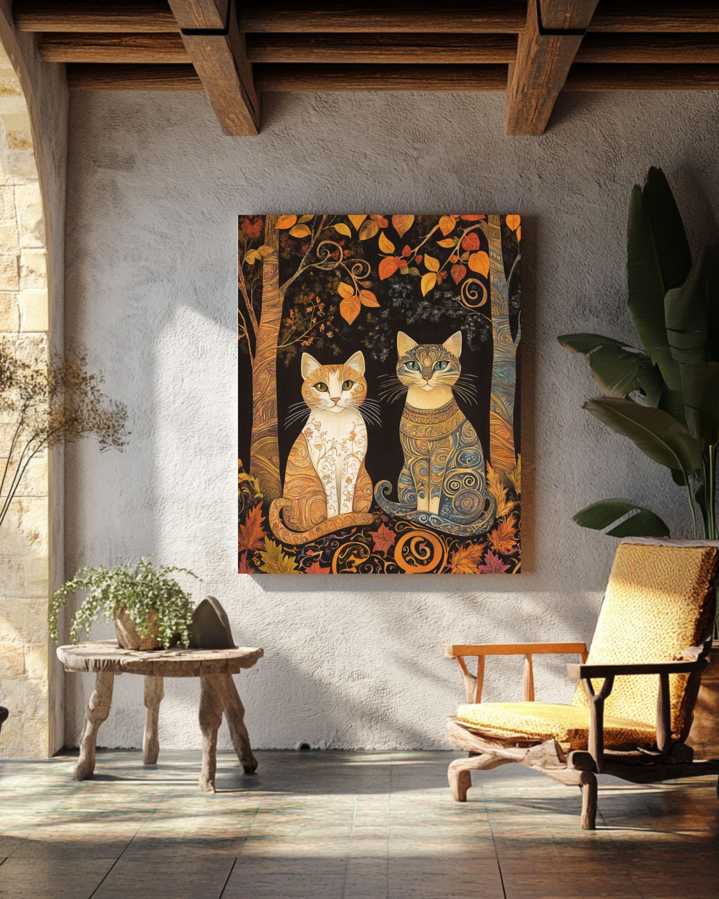 Autumn Cats Tapestry: Snake Scale Fur Design, Fall Forest Wall Art Canvas Wall Art Print – Premium Home Decor