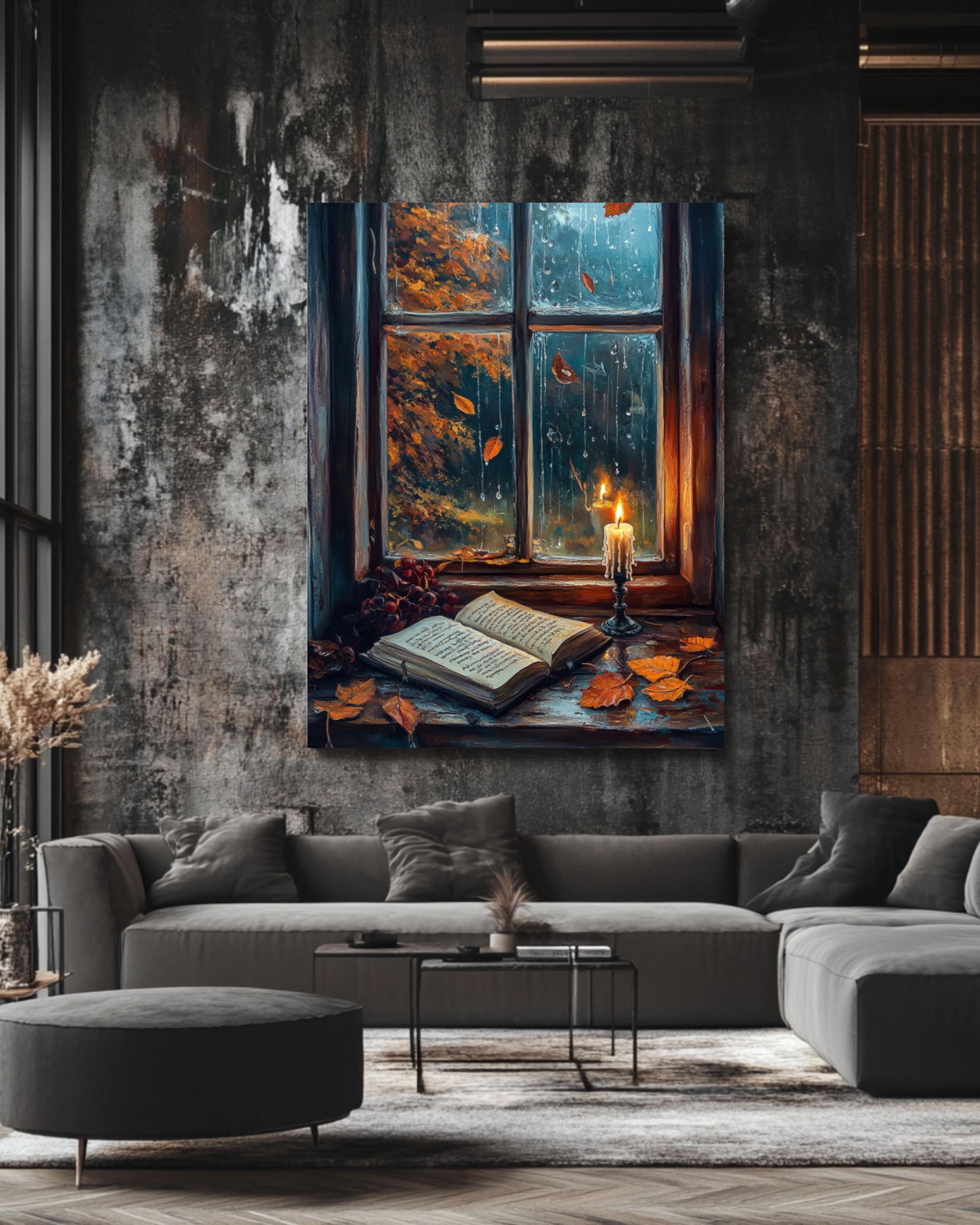 Rainy Window Autumn Scene Art: Cozy Book Lover Decor Canvas Wall Art Print – Premium Home Decor
