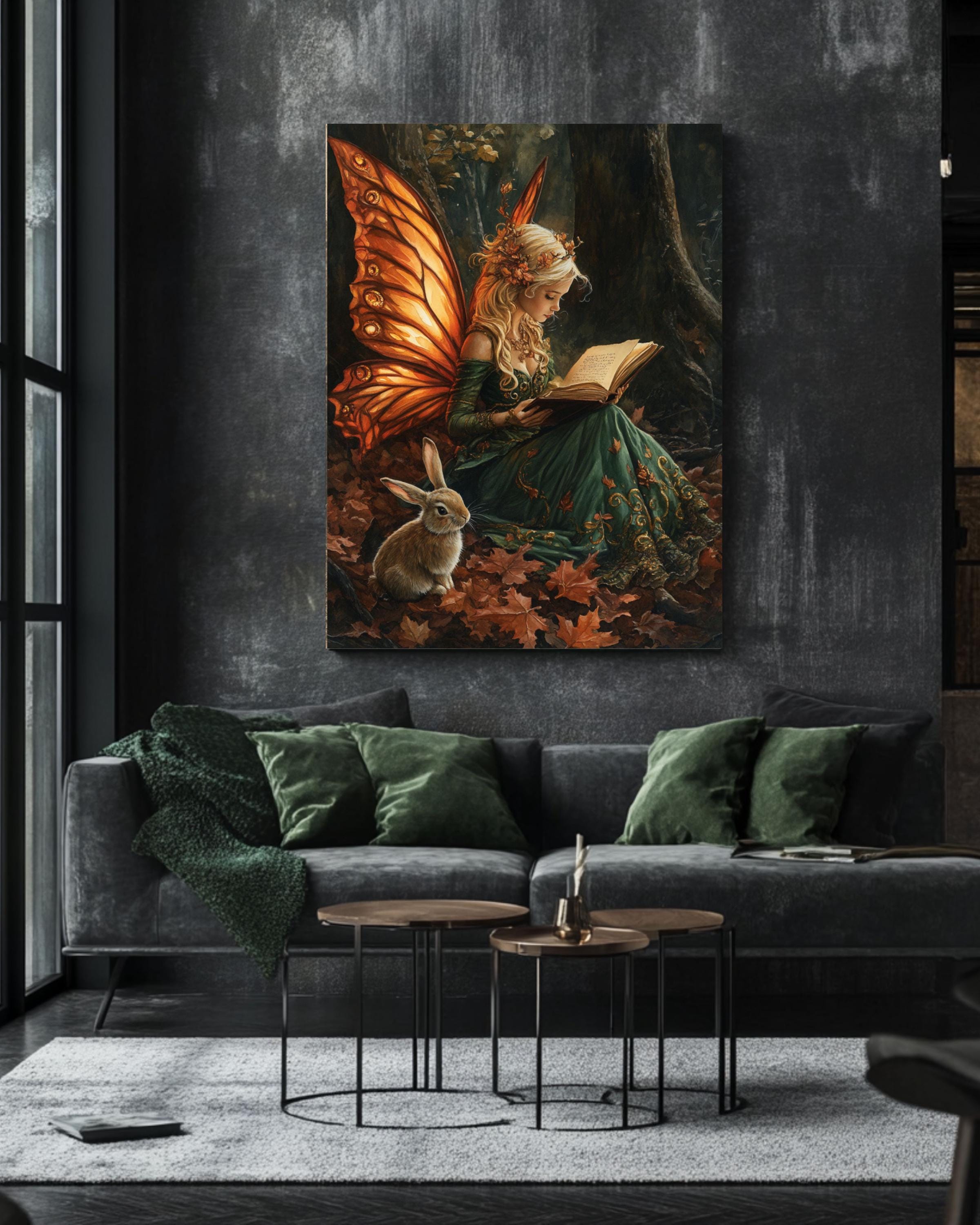 Autumn Fairy Reading to Rabbit Wall Art – Enchanted Forest Canvas Print