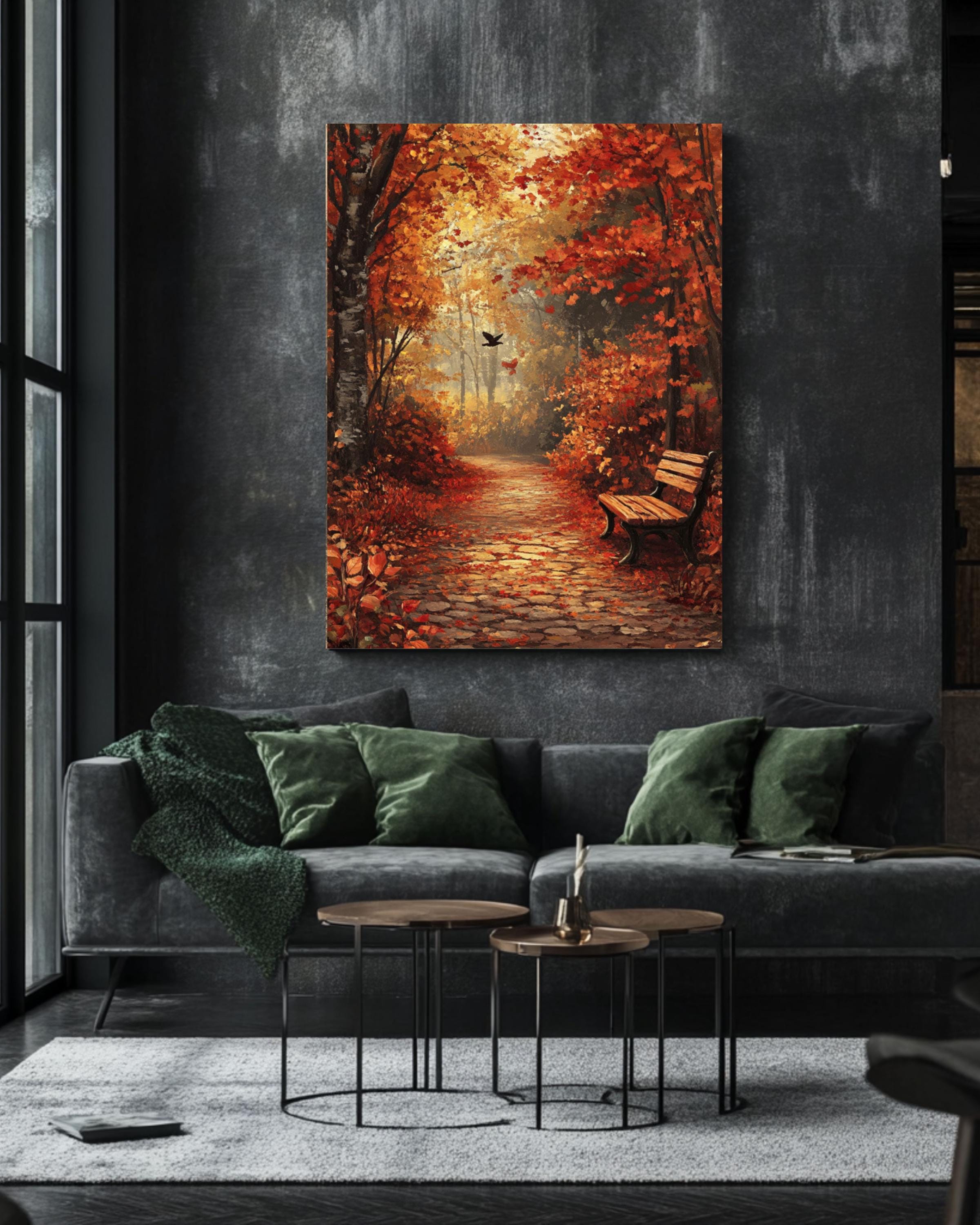 Rustic Autumn Forest Print: Cobblestone Path, Fall Leaves Canvas Wall Art Print – Premium Home Decor