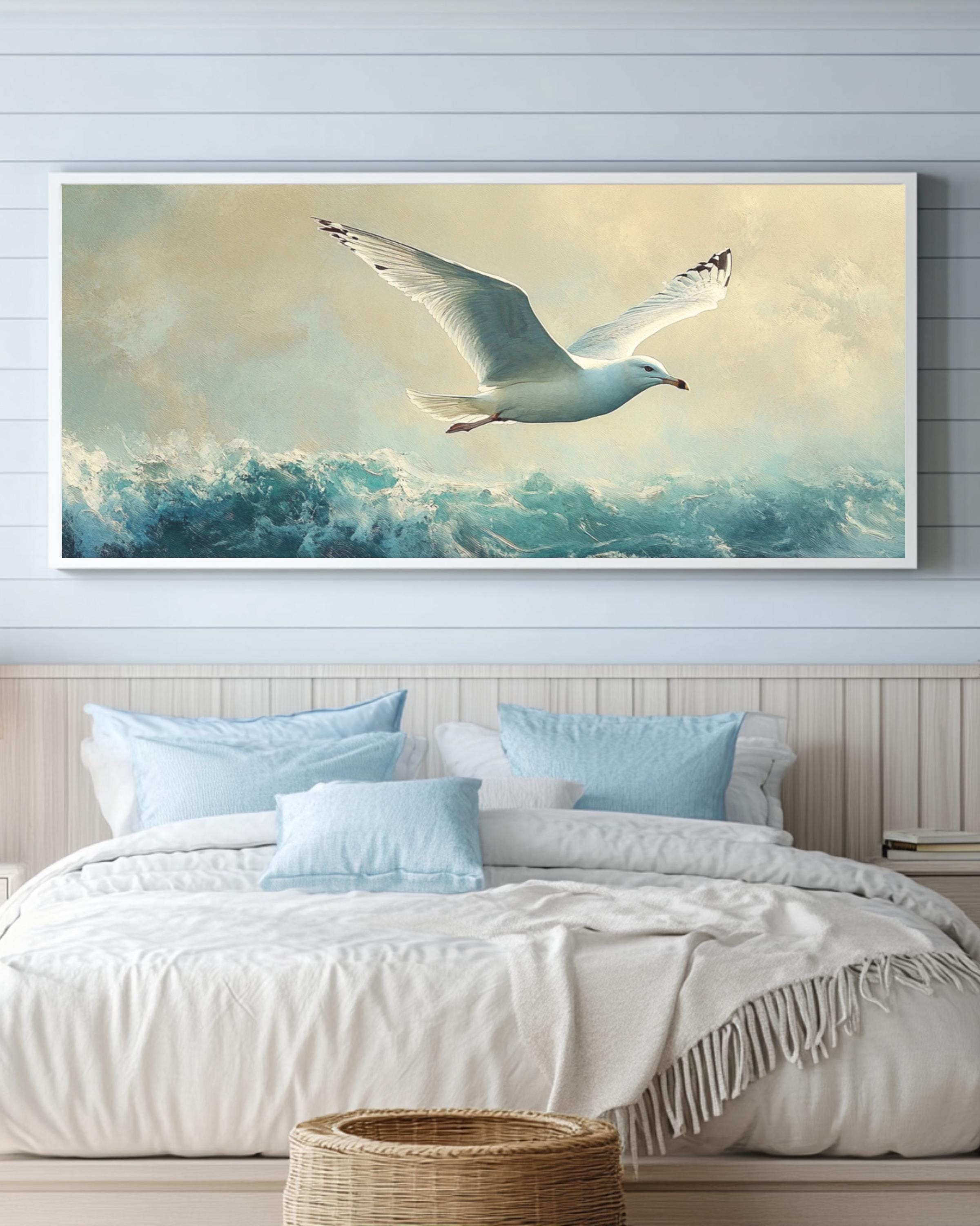 Seagull in Flight Coastal Print: Oil Painting Style Nautical Wall Art Canvas Wall Art Print – Premium Home Decor
