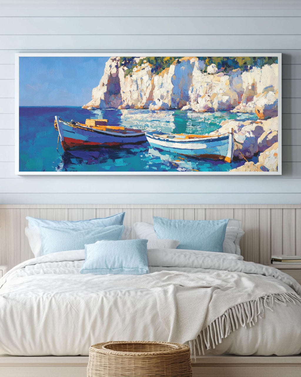 Mediterranean Fishing Boat Art: Coastal Oil Painting Style Print Canvas Wall Art Print – Premium Home Decor