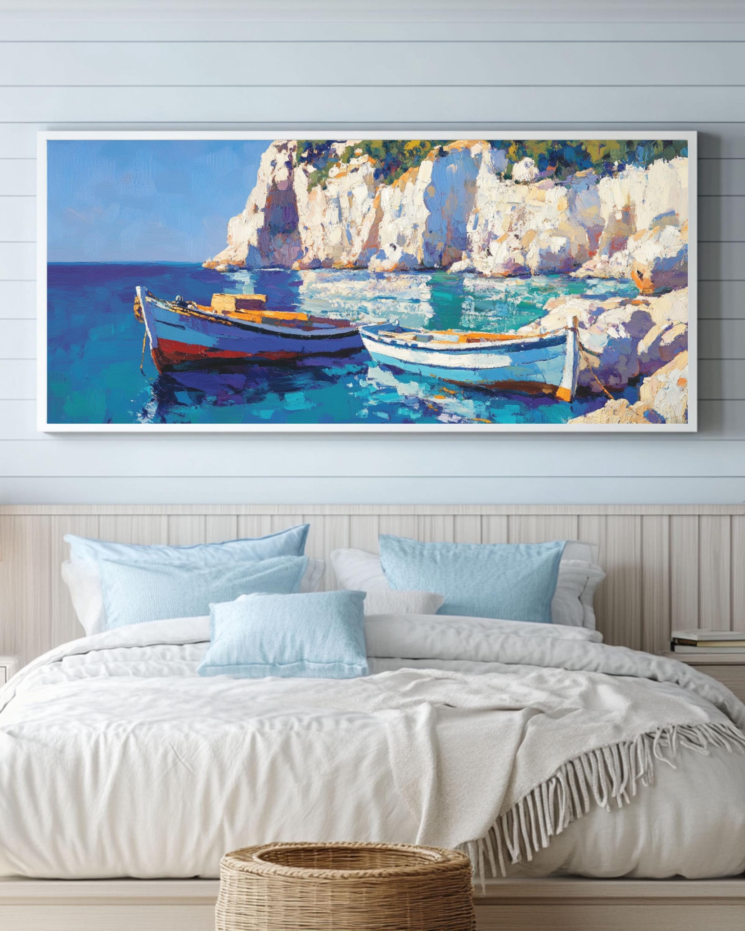 Mediterranean Fishing Boat Art: Coastal Oil Painting Style Print Canvas Wall Art Print – Premium Home Decor