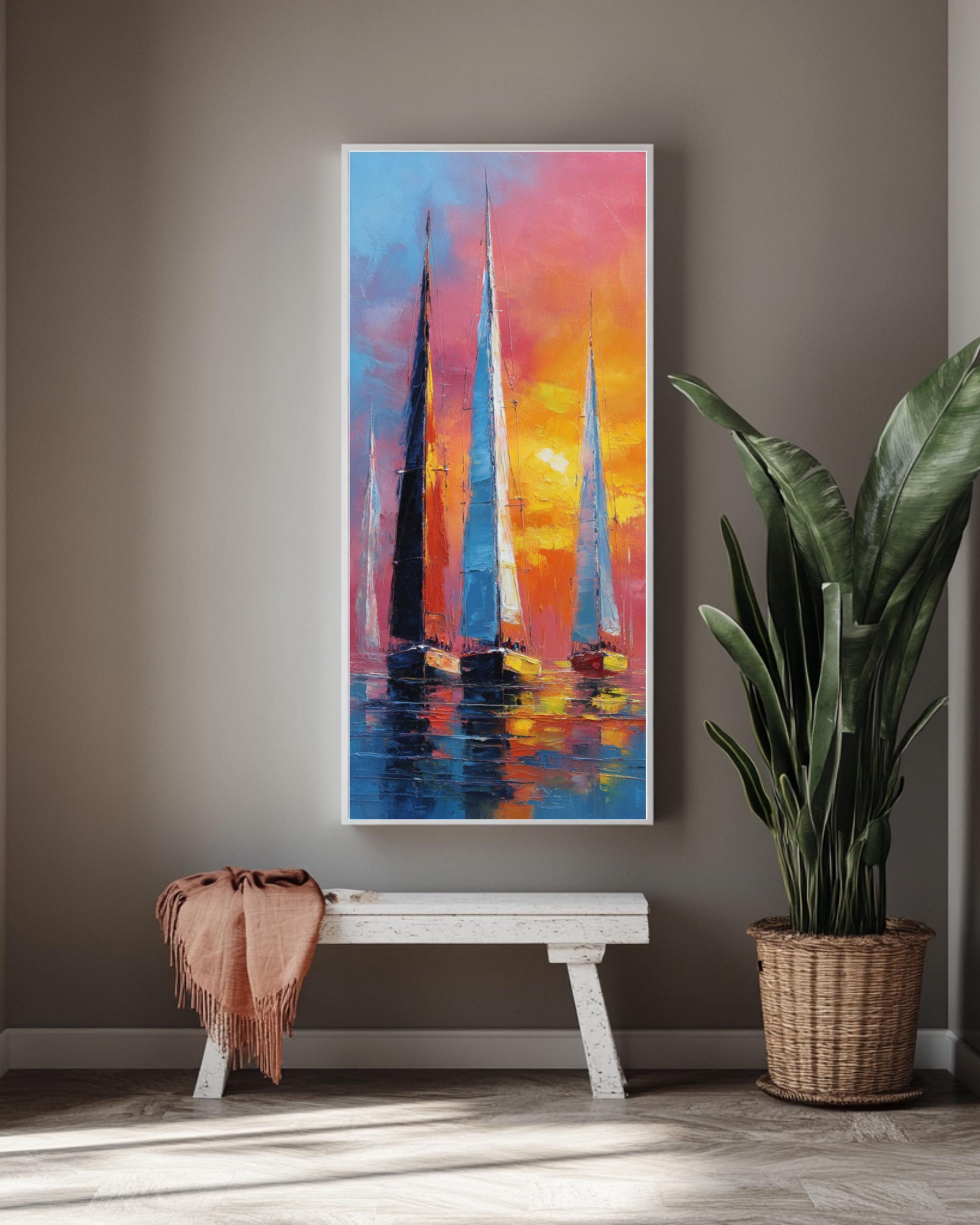Abstract Sailboat Racing Art: Colorful Sea Reflections - Nautical Print Canvas Wall Art – Modern Decor Print