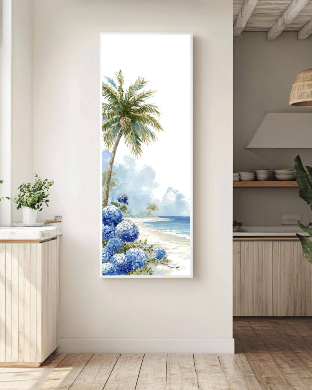 Tropical Beach Print: Palm Tree & Hydrangeas - Coastal Wall Art Canvas Wall Art – Modern Decor Print