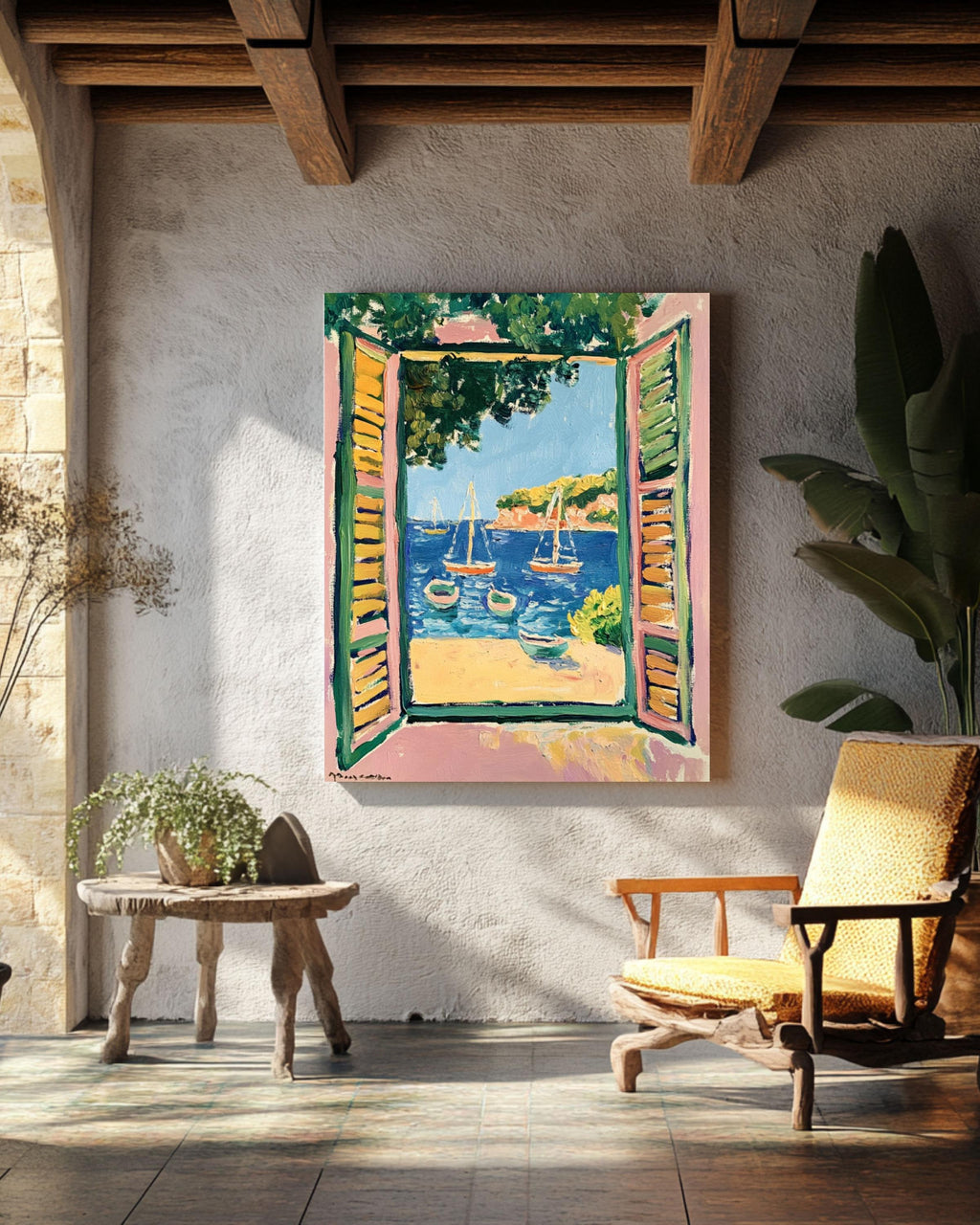 Matisse Style Coastal Print: Fauvist Open Window with Boats Canvas Wall Art – Modern Decor Print