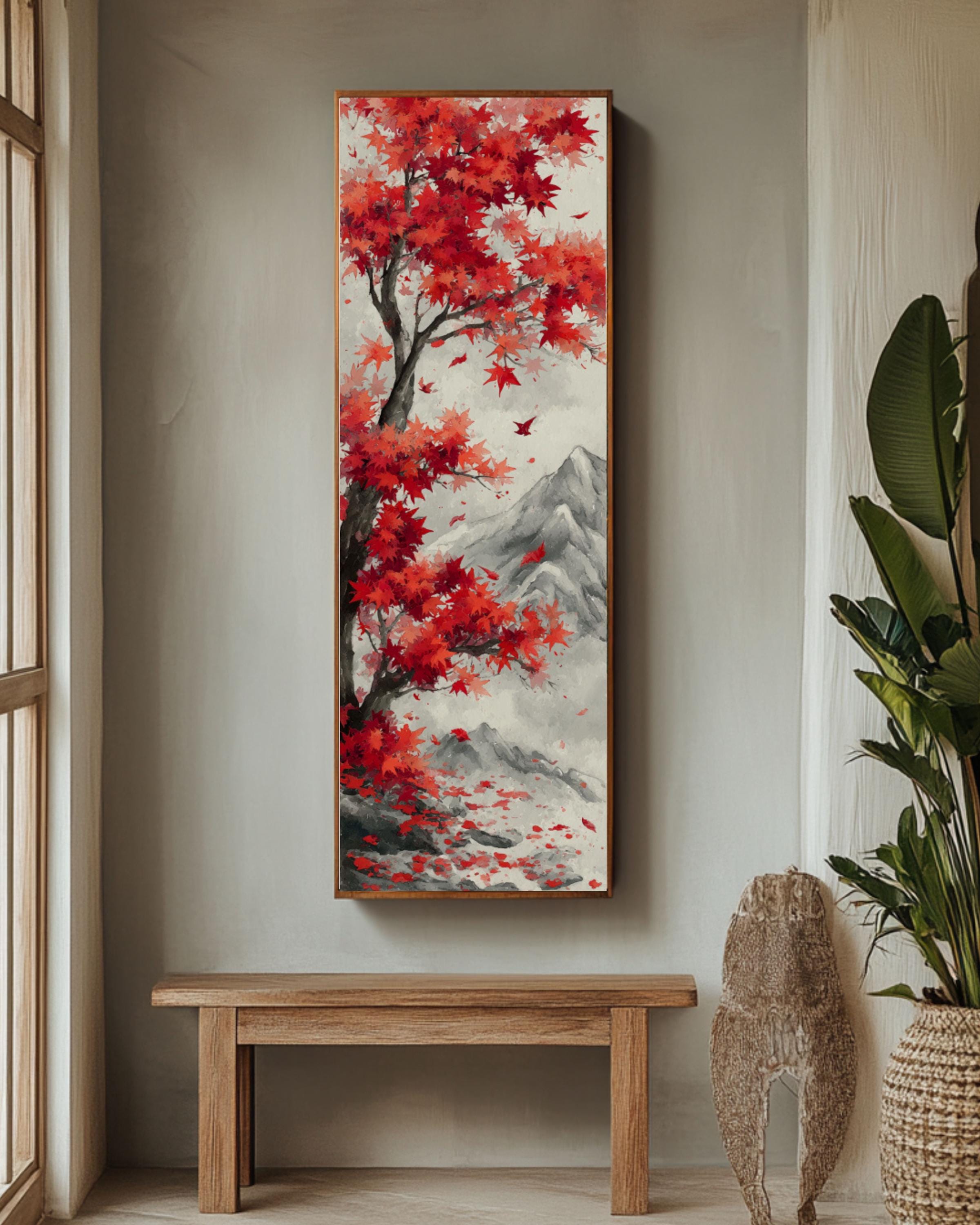 Red Maple Tree Asian Art Print: Autumn Landscape Wall Decor Canvas Wall Art – Modern Decor Print