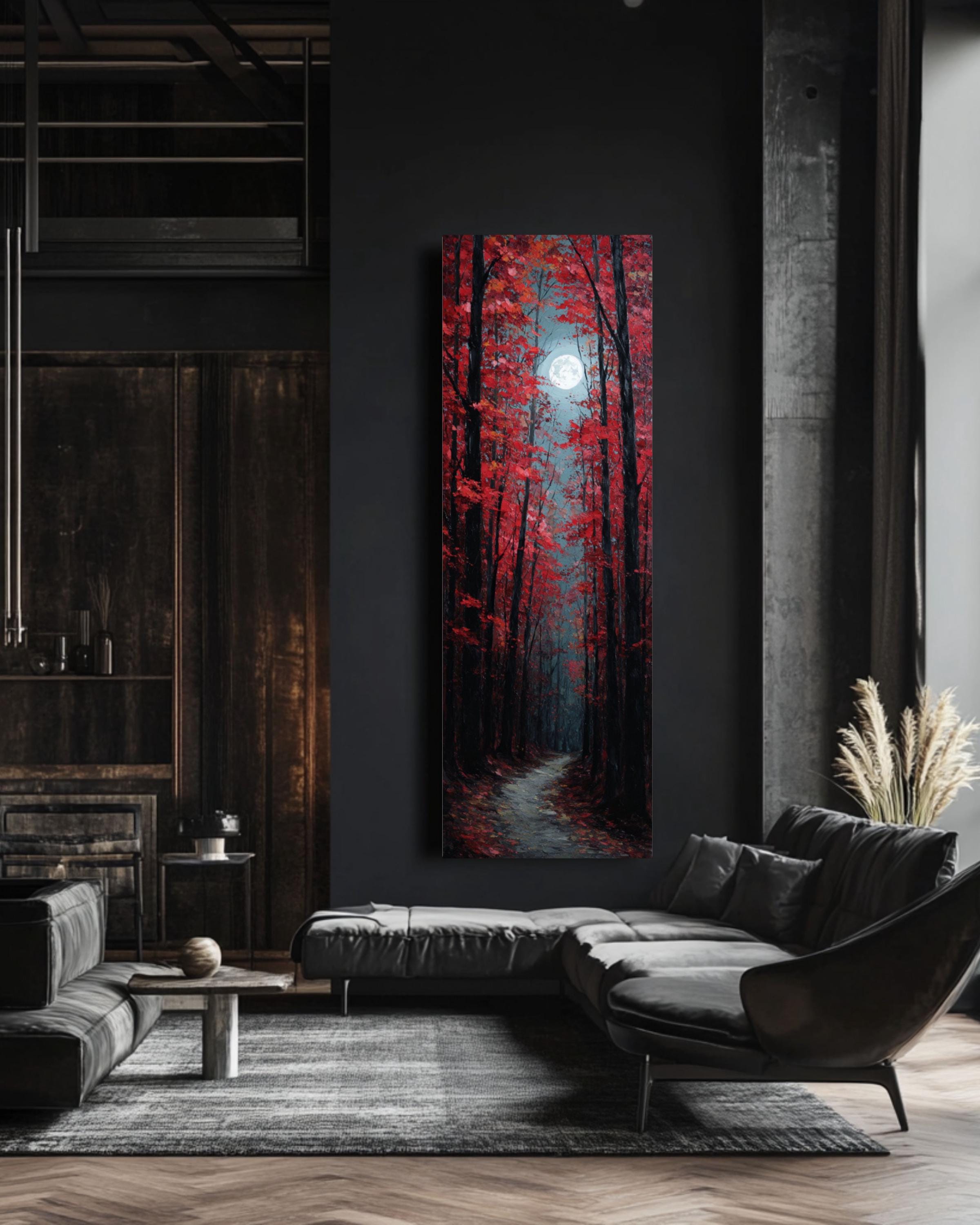 Red Maple Forest Path Painting: Moody Autumn Wall Art, Wooden Frame Option Canvas Wall Art – Modern Decor Print