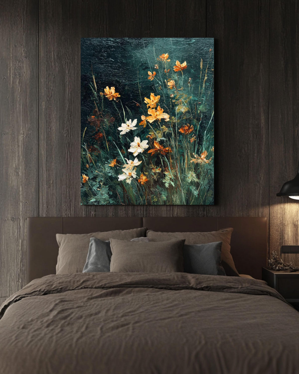 Vintage Wildflower Oil Painting Print: Moody Dark Green Floral Art Canvas Wall Art – Modern Decor Print