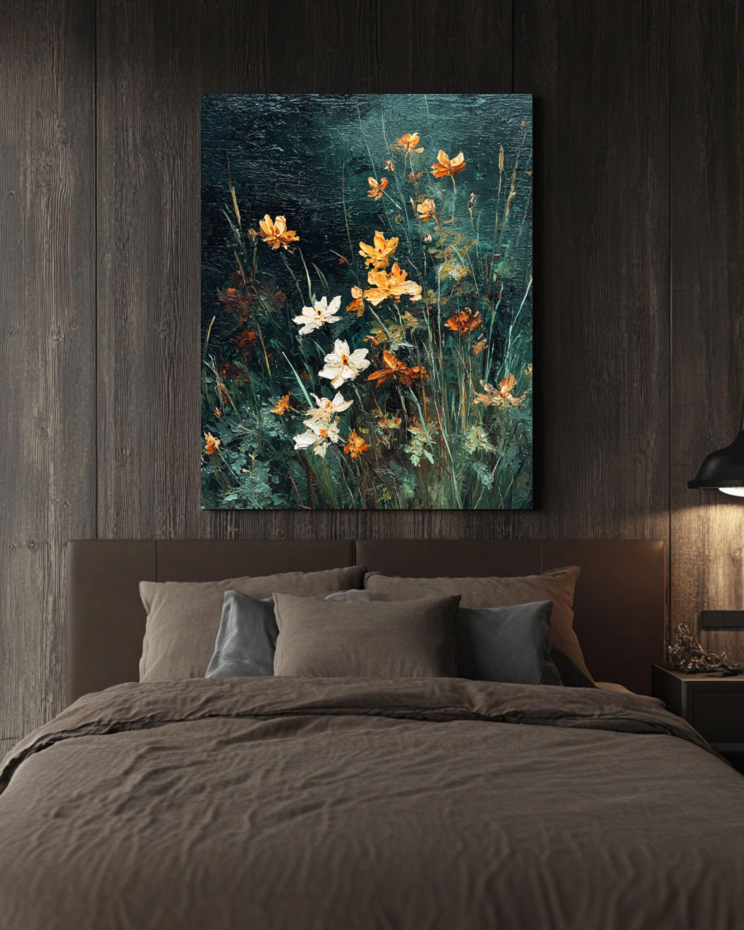 Vintage Wildflower Oil Painting Print: Moody Dark Green Floral Art Canvas Wall Art – Modern Decor Print