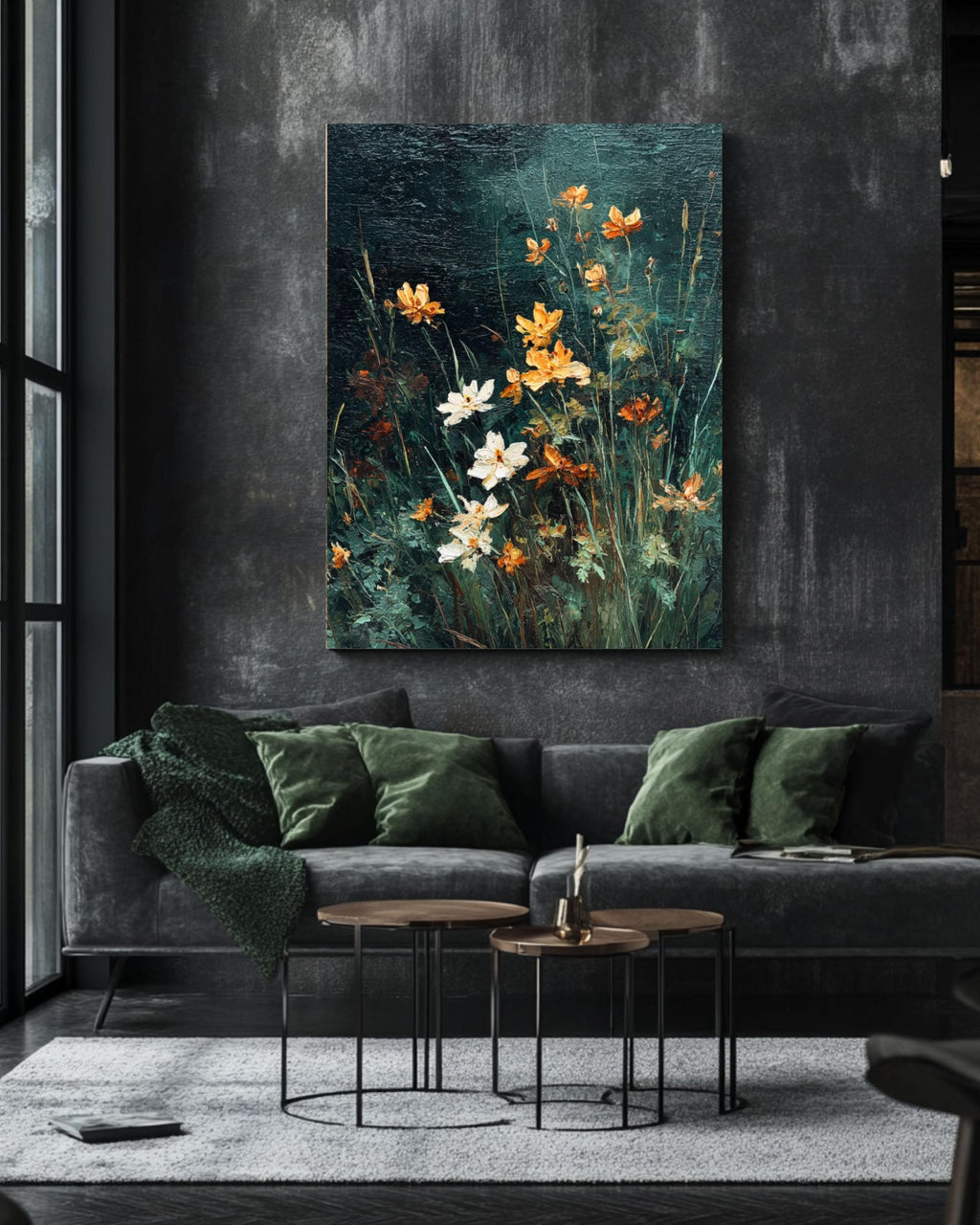 Vintage Wildflower Oil Painting Print: Moody Dark Green Floral Art Canvas Wall Art – Modern Decor Print