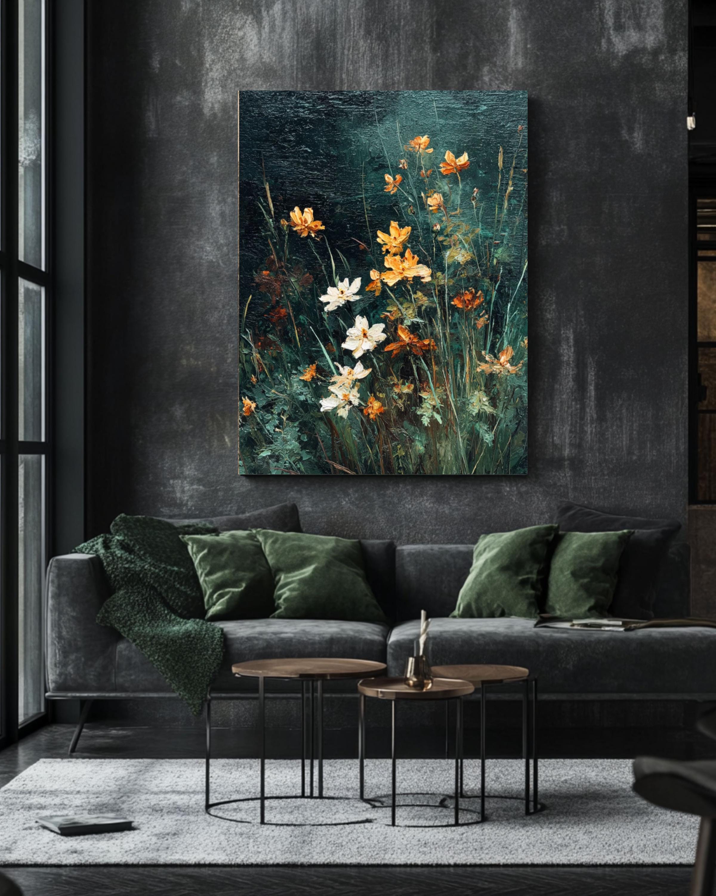 Vintage Wildflower Oil Painting Print: Moody Dark Green Floral Art Canvas Wall Art – Modern Decor Print