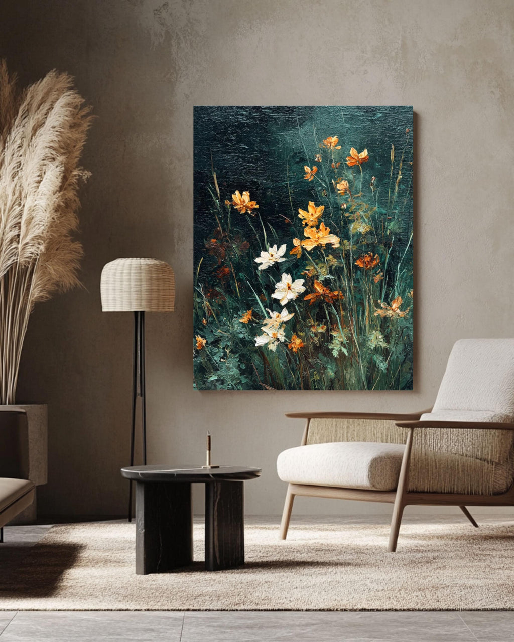 Vintage Wildflower Oil Painting Print: Moody Dark Green Floral Art Canvas Wall Art – Modern Decor Print