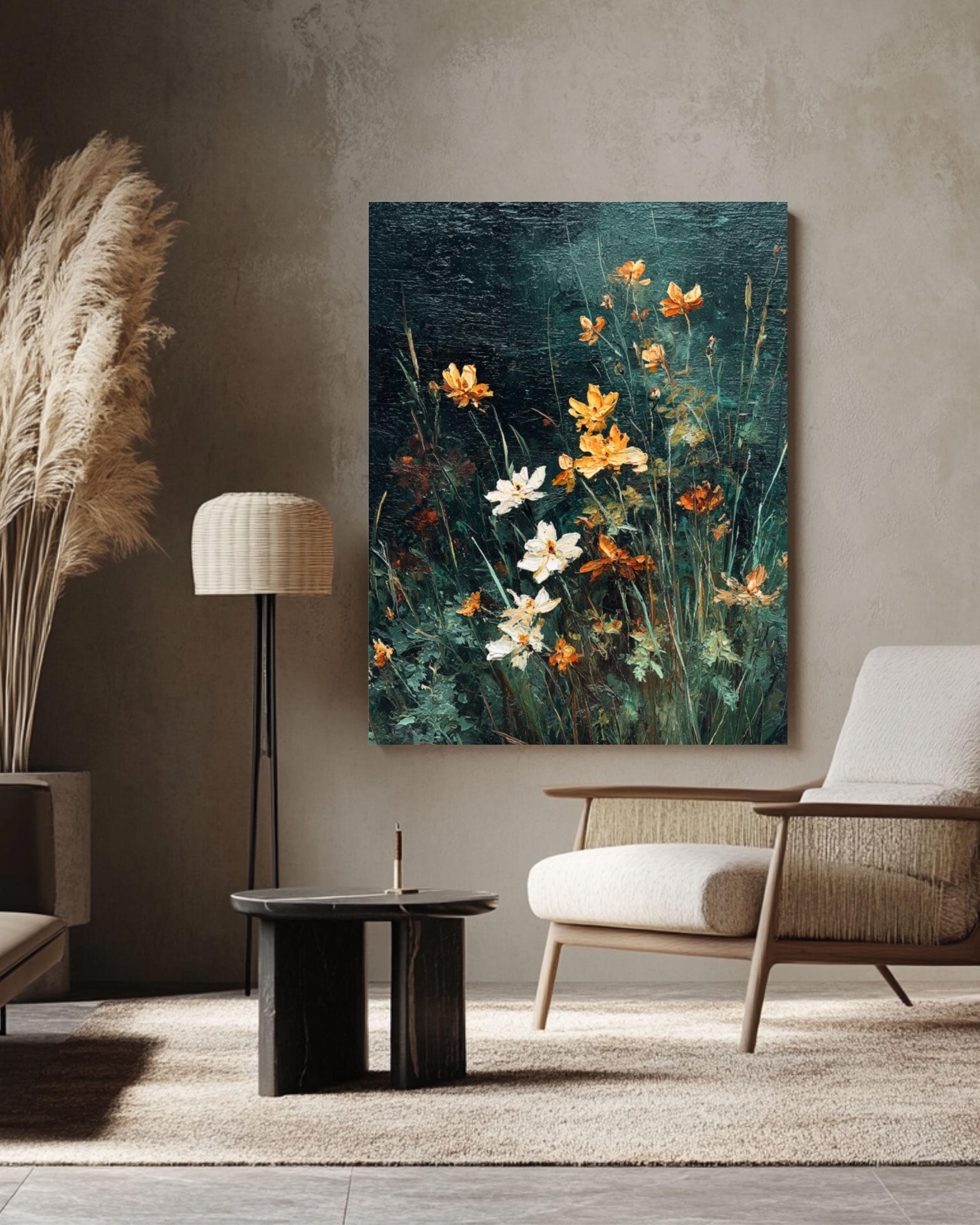 Vintage Wildflower Oil Painting Print: Moody Dark Green Floral Art Canvas Wall Art – Modern Decor Print