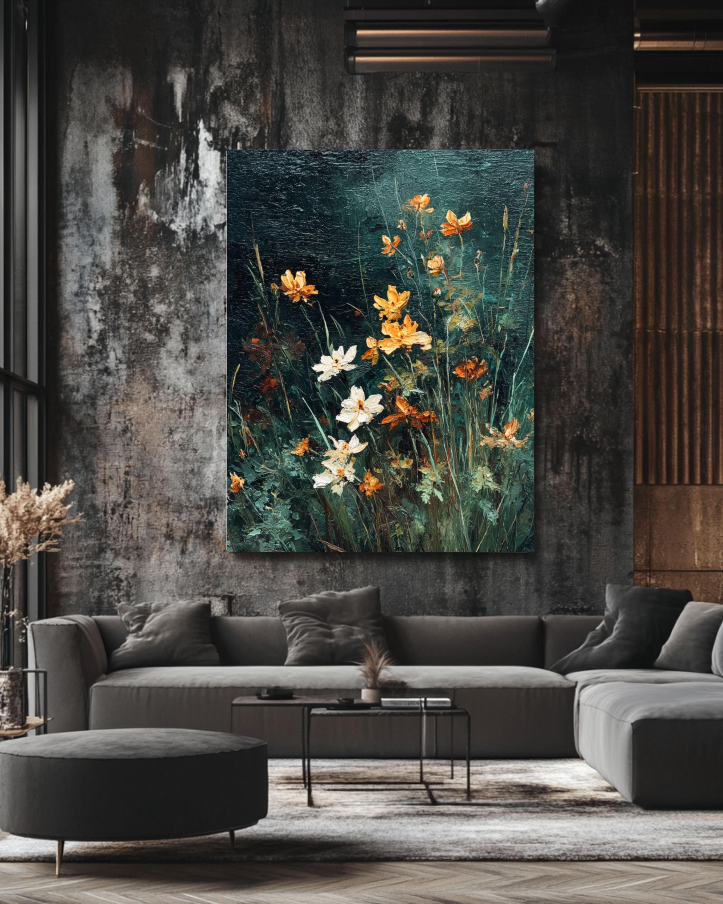 Vintage Wildflower Oil Painting Print: Moody Dark Green Floral Art Canvas Wall Art – Modern Decor Print