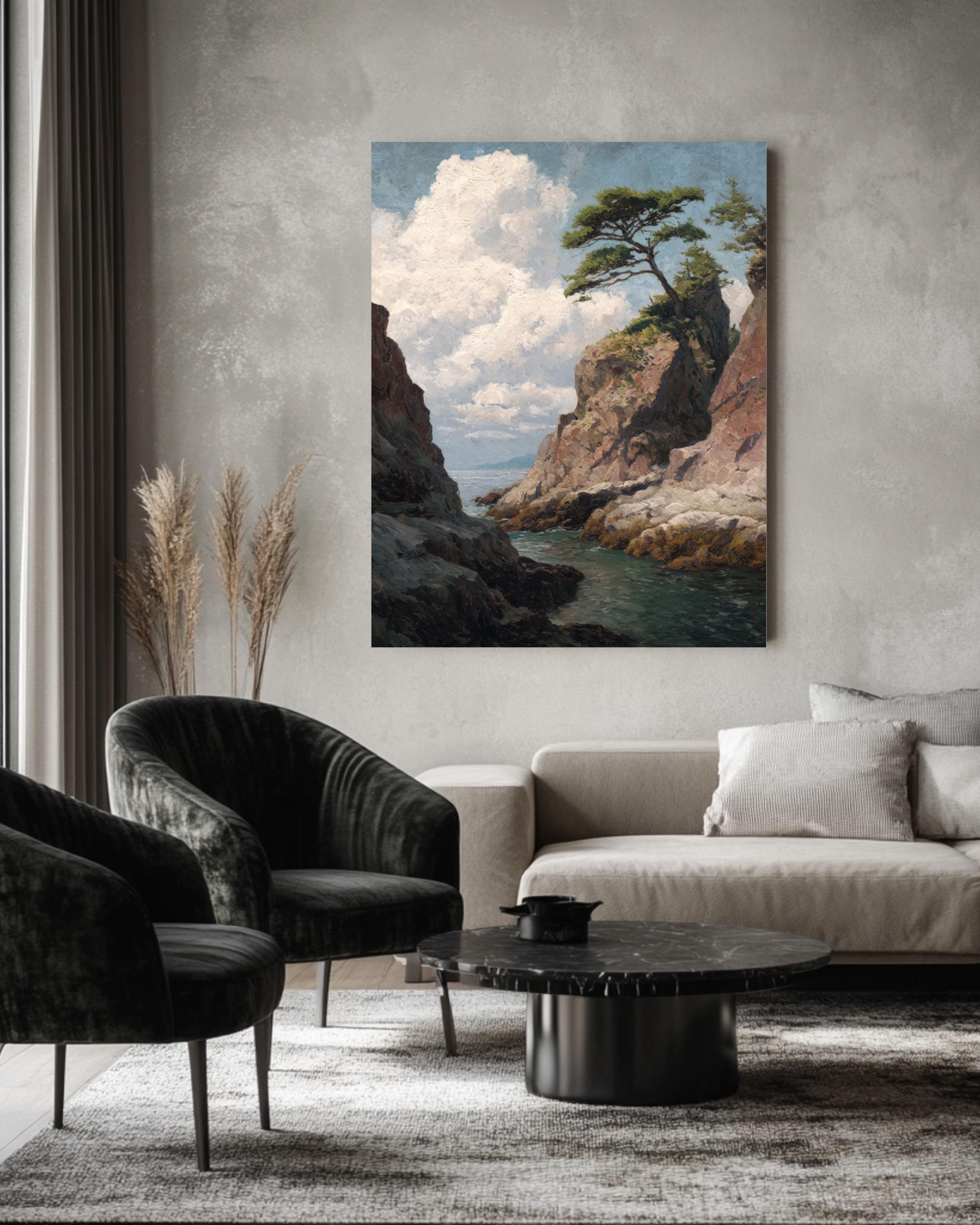 Lone Pine Tree Coastal Print: Muted Landscape Art, Henry John Bemis Style Canvas Wall Art – Modern Decor Print