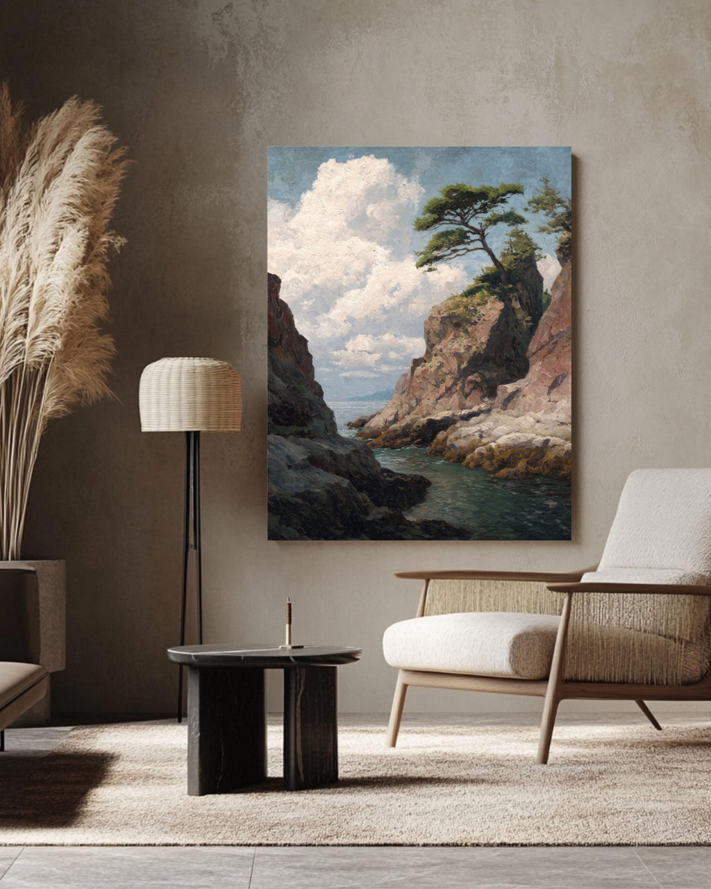 Lone Pine Tree Coastal Print: Muted Landscape Art, Henry John Bemis Style Canvas Wall Art – Modern Decor Print