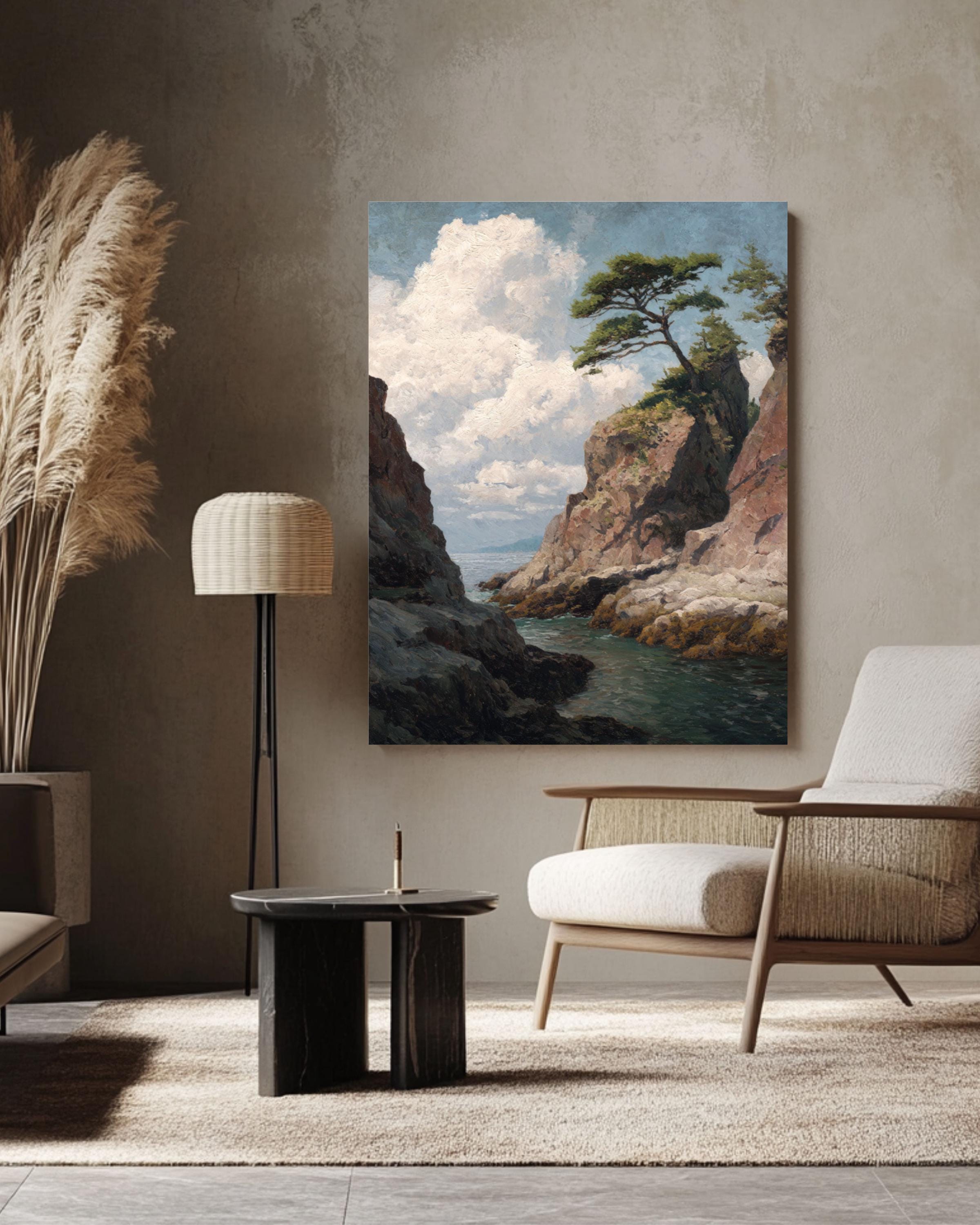 Lone Pine Tree Coastal Print: Muted Landscape Art, Henry John Bemis Style Canvas Wall Art – Modern Decor Print