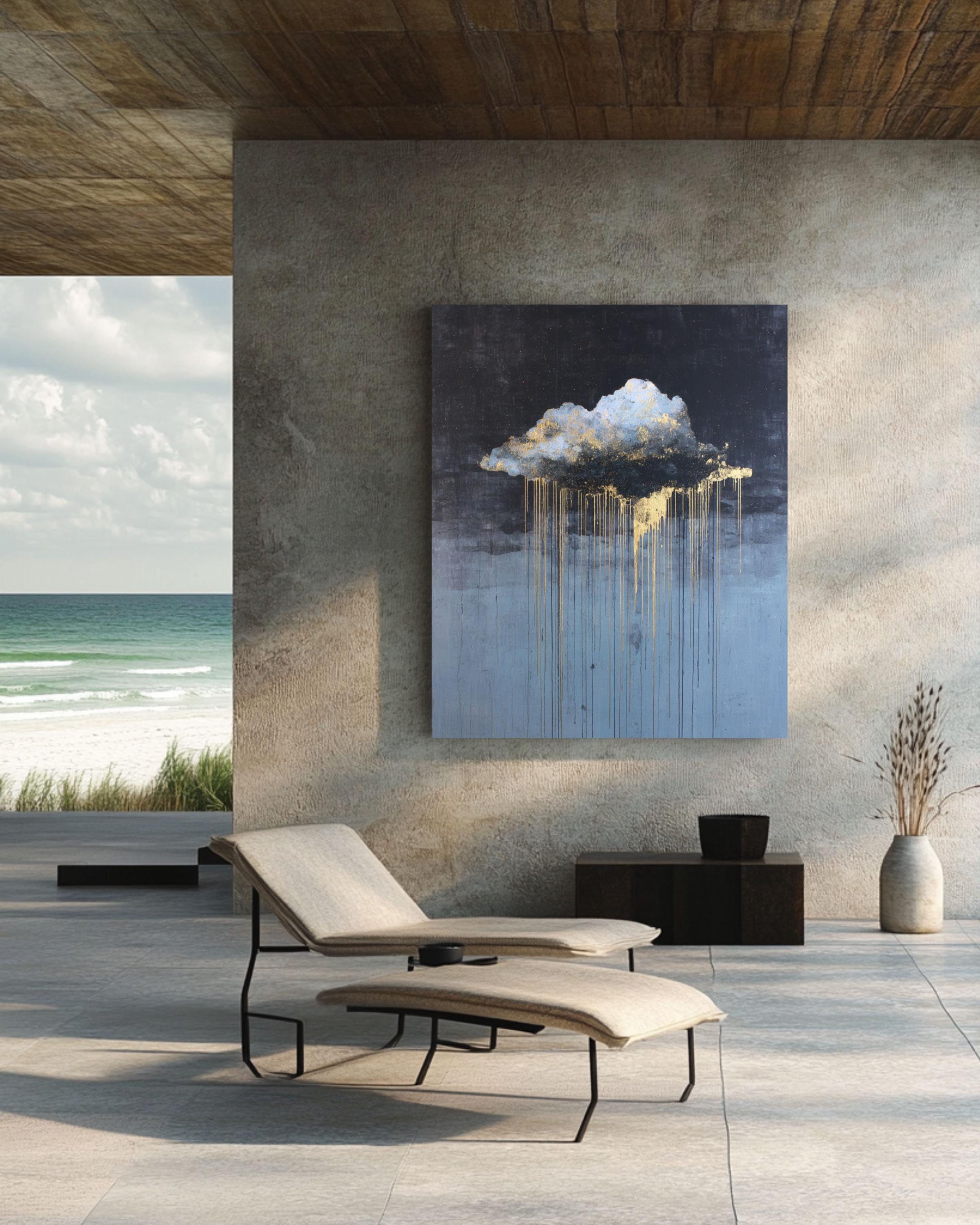 Abstract Cloud Drip Art Print: White & Gold on Dark Sky Canvas Wall Art – Modern Decor Print