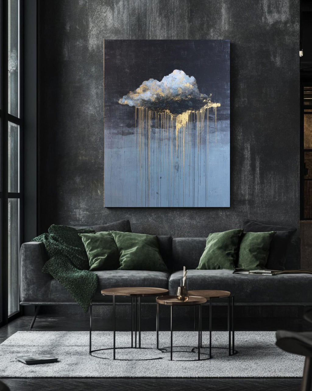 Abstract Cloud Drip Art Print: White & Gold on Dark Sky Canvas Wall Art – Modern Decor Print