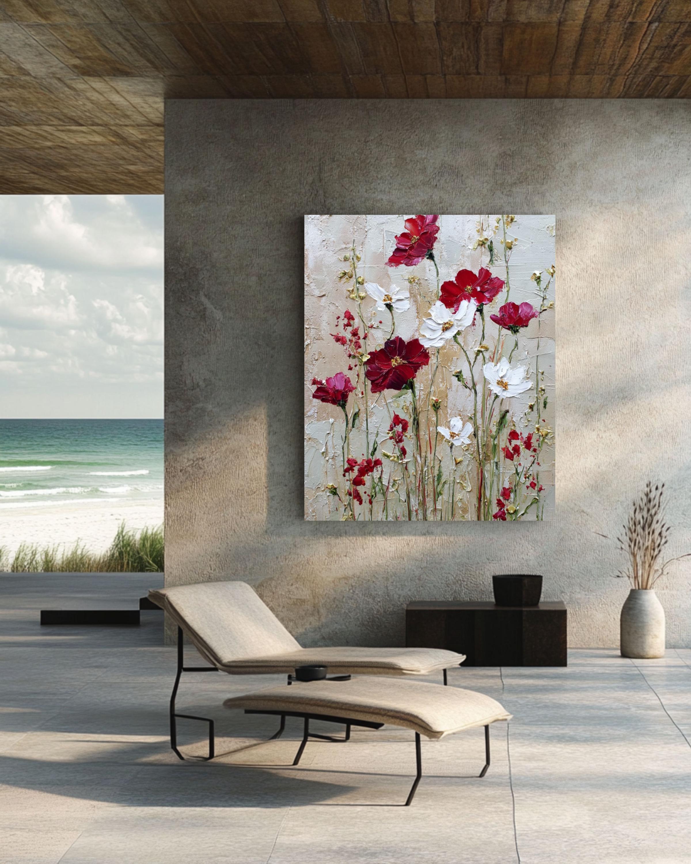 Abstract Wildflower Canvas Art: Beige, Red & White Floral Print Canvas Wall Art – Modern Decor Print