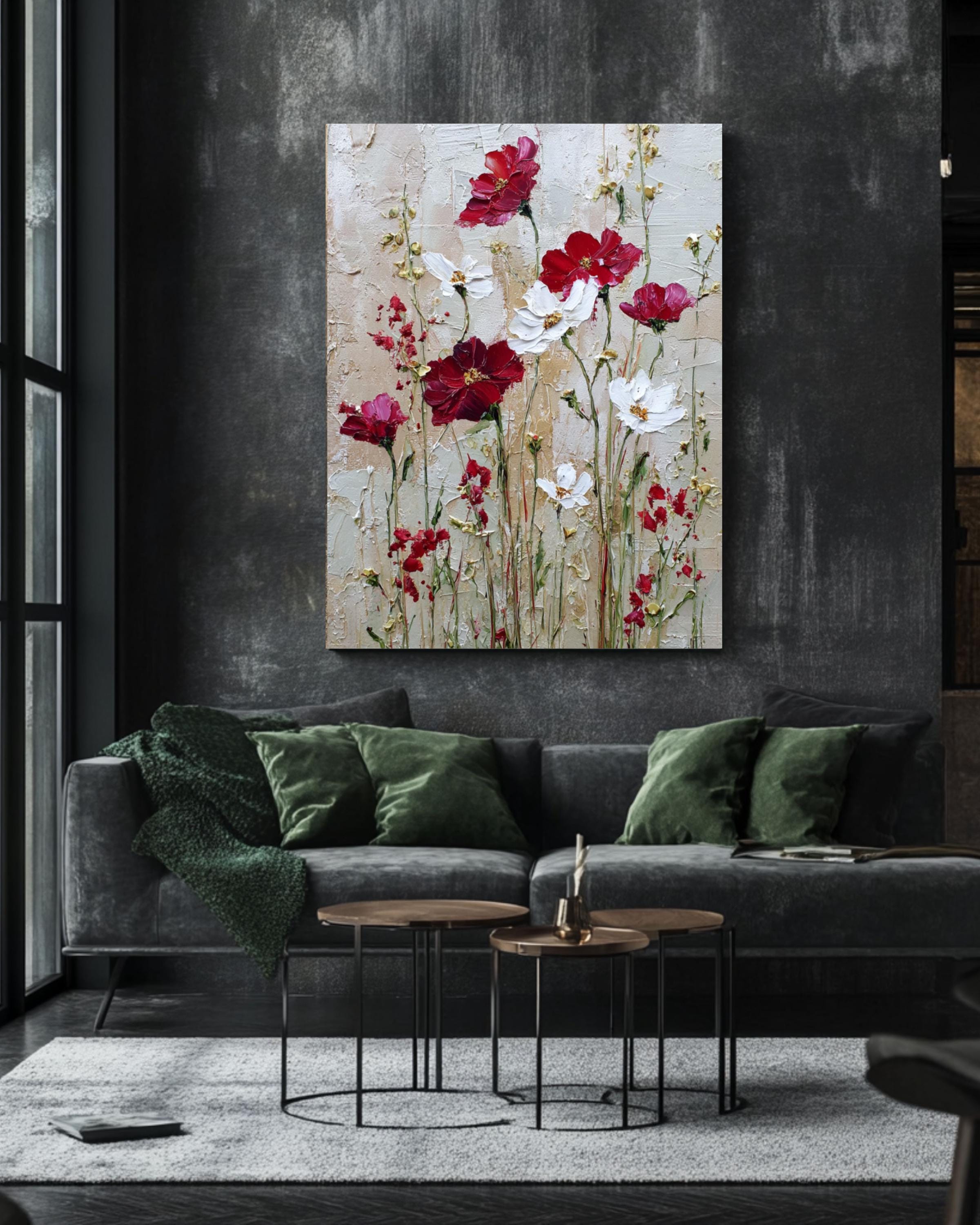 Abstract Wildflower Canvas Art: Beige, Red & White Floral Print Canvas Wall Art – Modern Decor Print