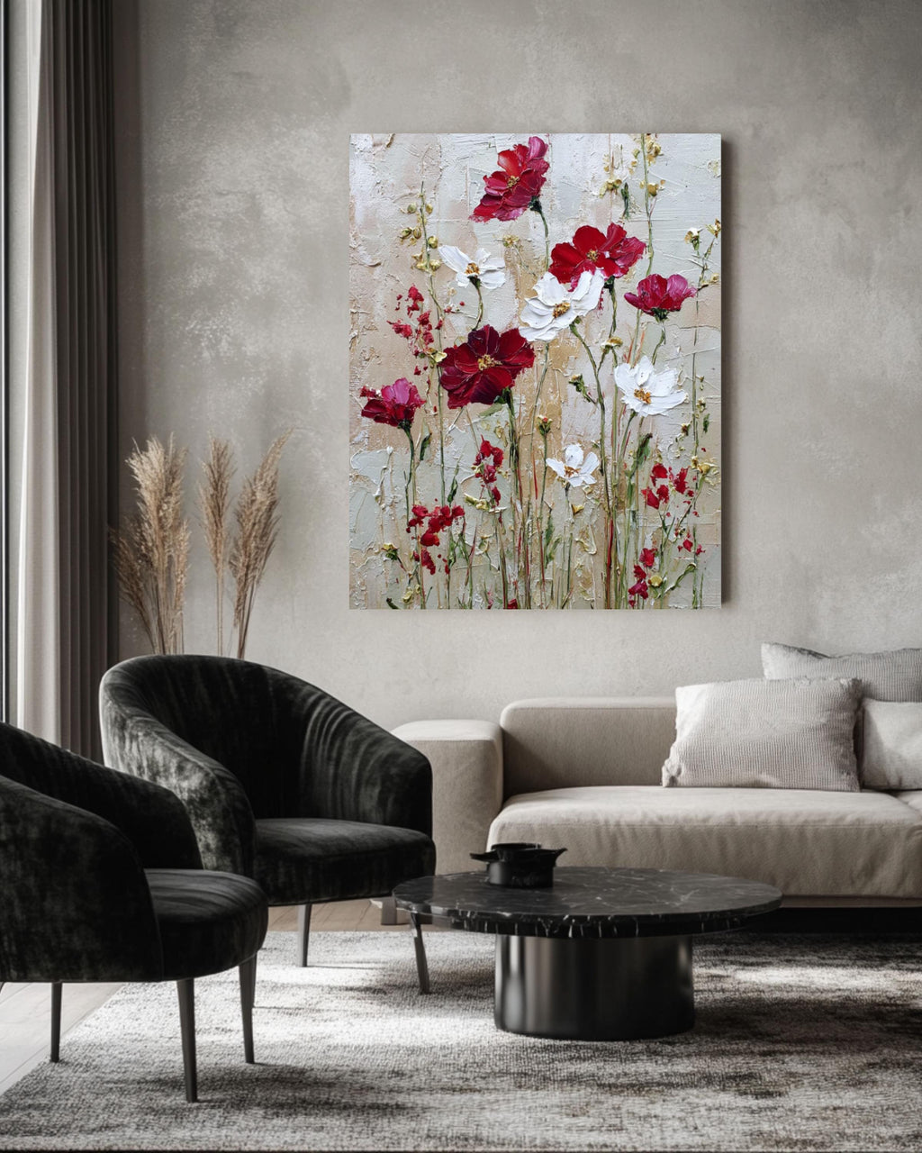 Abstract Wildflower Canvas Art: Beige, Red & White Floral Print Canvas Wall Art – Modern Decor Print