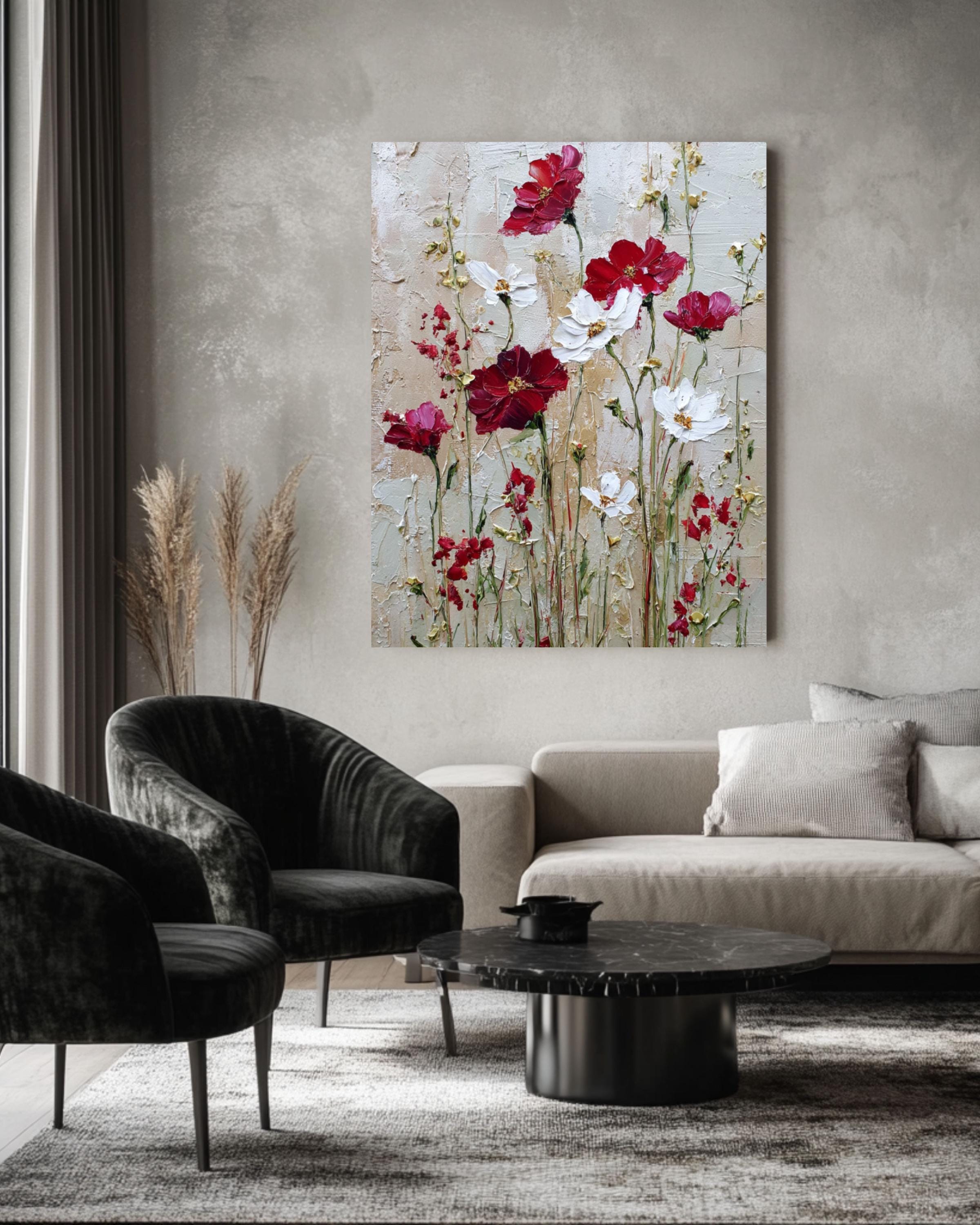 Abstract Wildflower Canvas Art: Beige, Red & White Floral Print Canvas Wall Art – Modern Decor Print