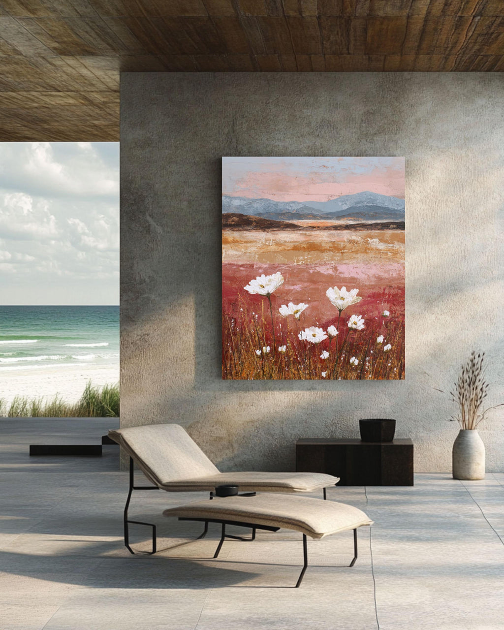 Abstract Wildflower Sunset Art Print: Textured Mixed Media Landscape Canvas Wall Art – Modern Decor Print