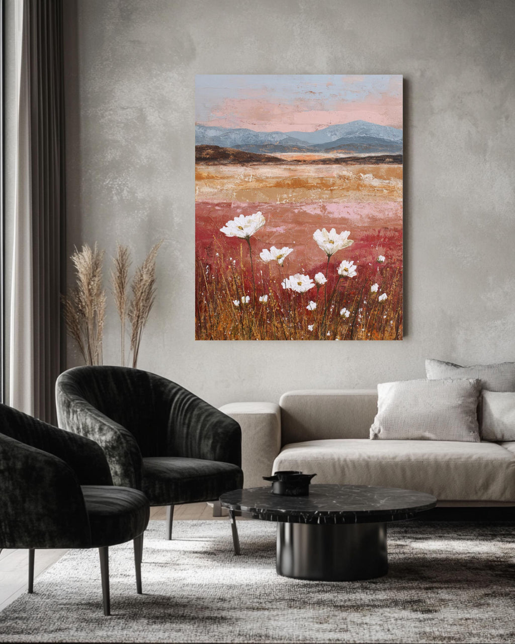 Abstract Wildflower Sunset Art Print: Textured Mixed Media Landscape Canvas Wall Art – Modern Decor Print