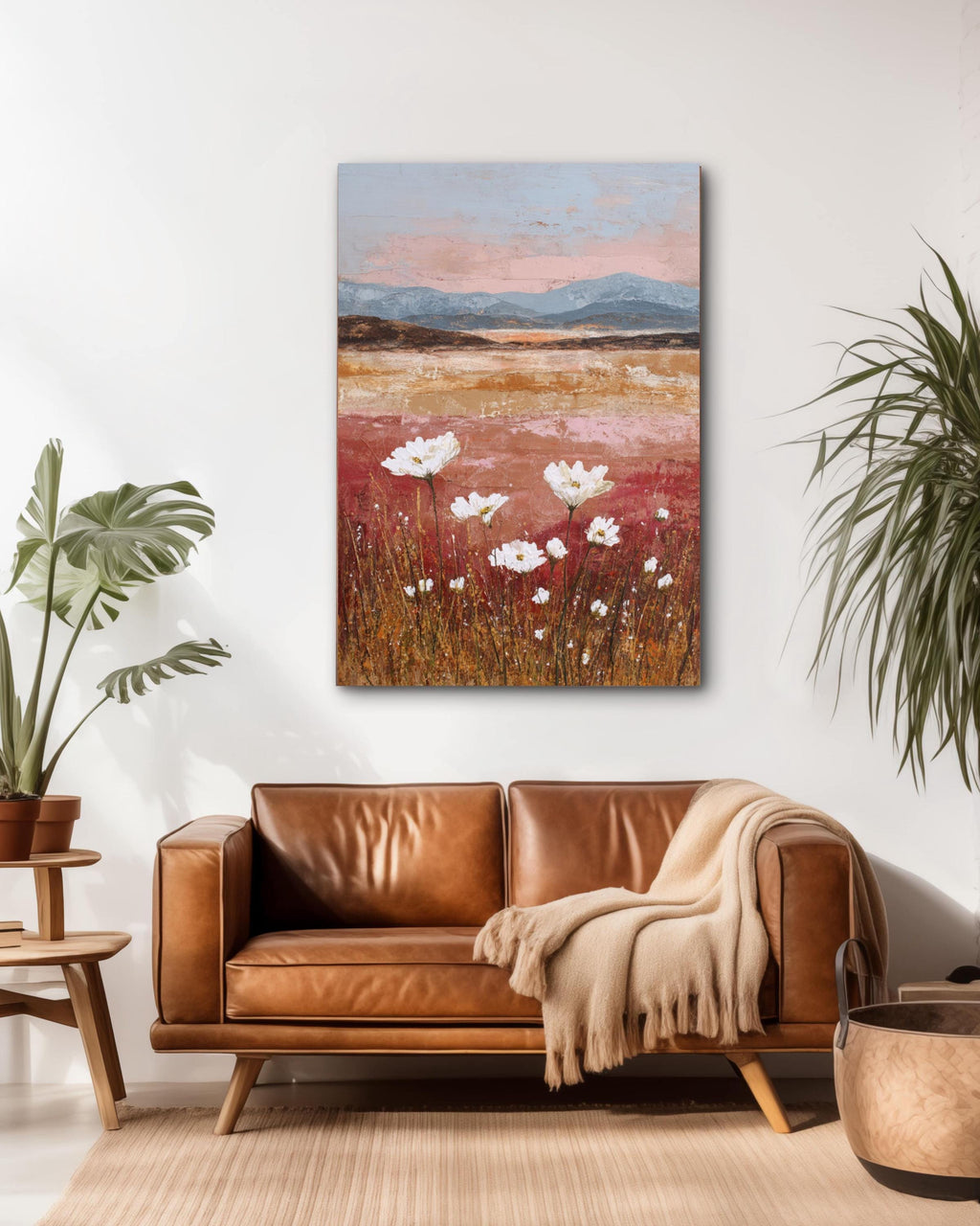 Abstract Wildflower Sunset Art Print: Textured Mixed Media Landscape Canvas Wall Art – Modern Decor Print