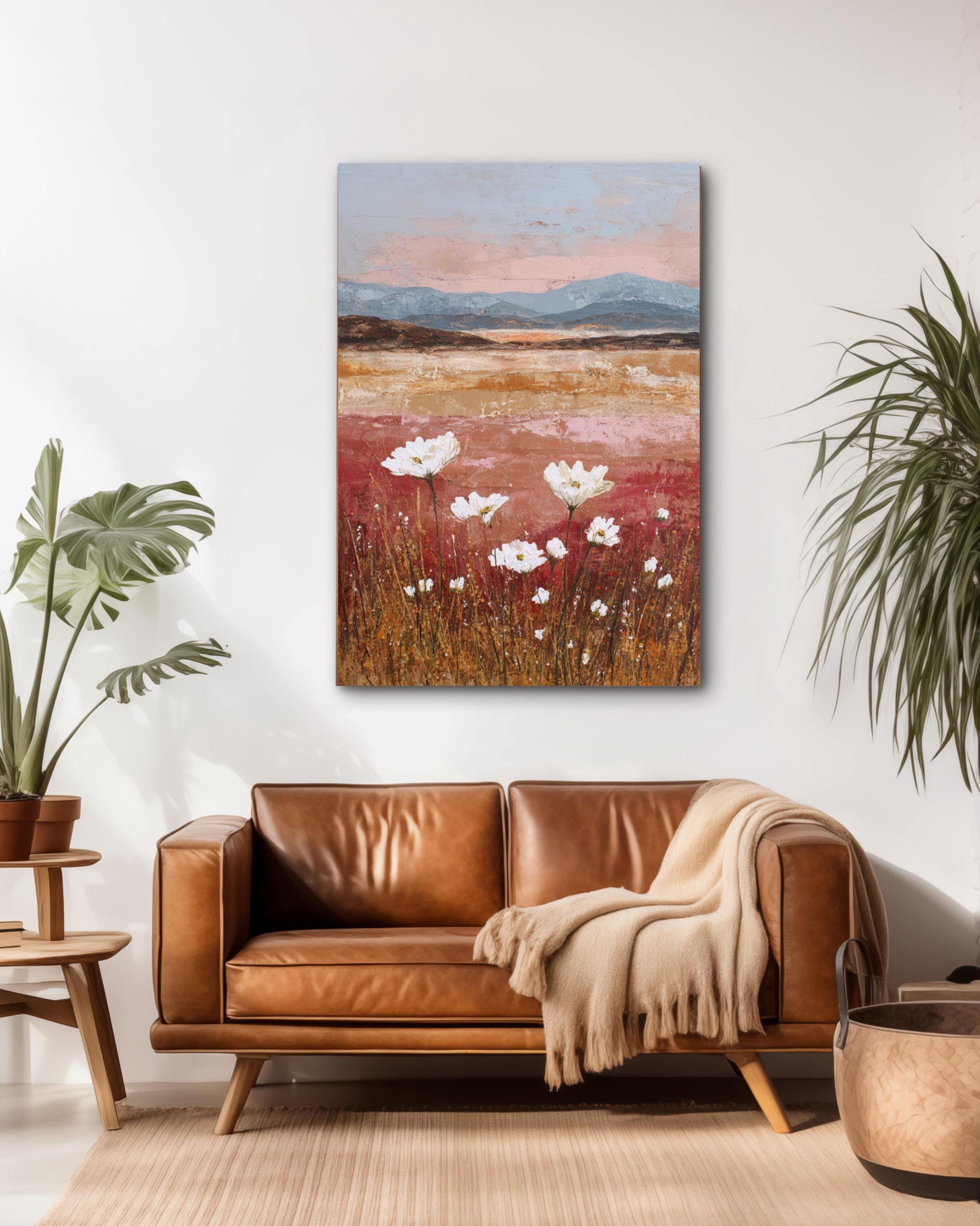 Abstract Wildflower Sunset Art Print: Textured Mixed Media Landscape Canvas Wall Art – Modern Decor Print