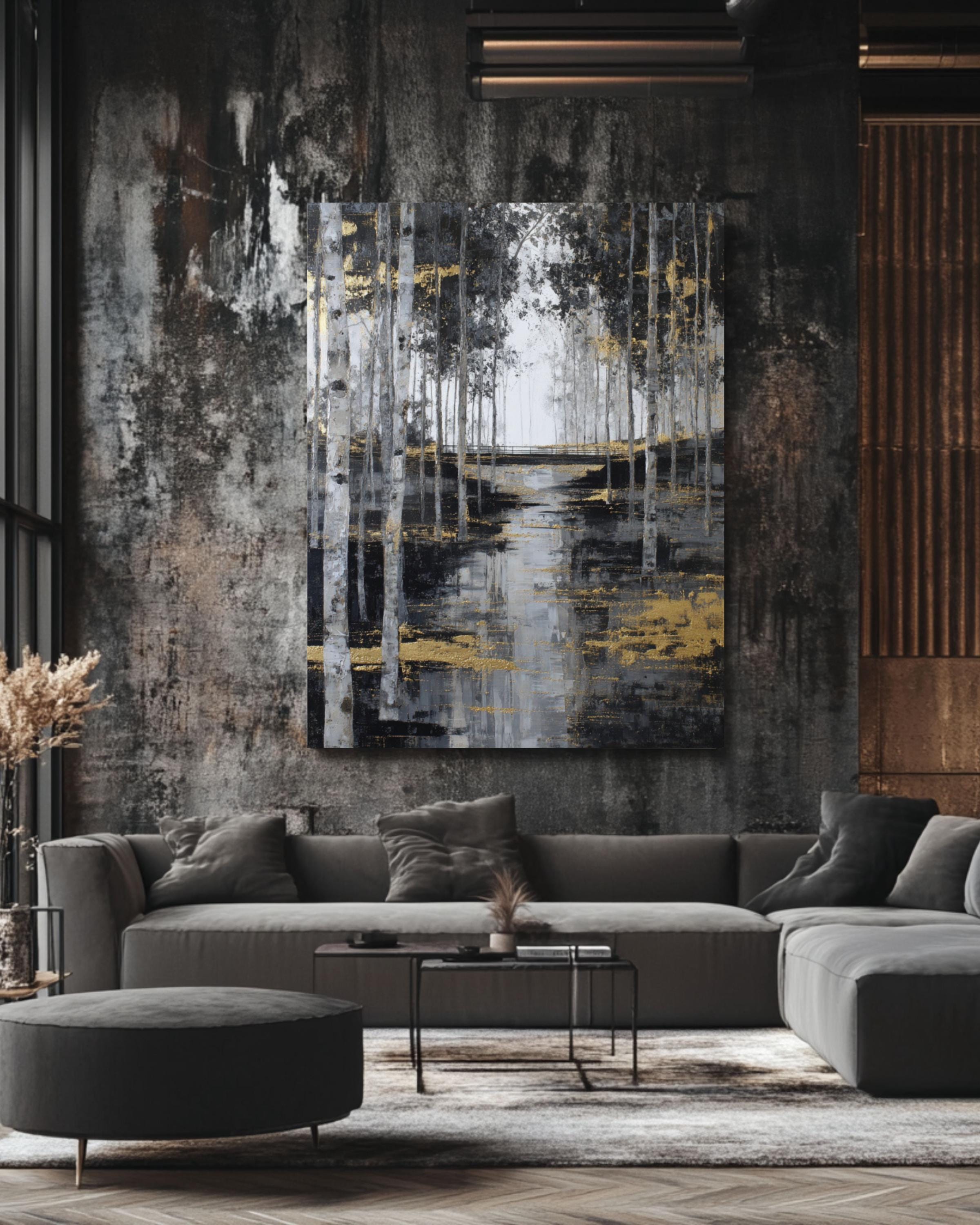 Abstract Birch Tree Forest Art: Gold Accent Landscape Print Canvas Wall Art – Modern Decor Print