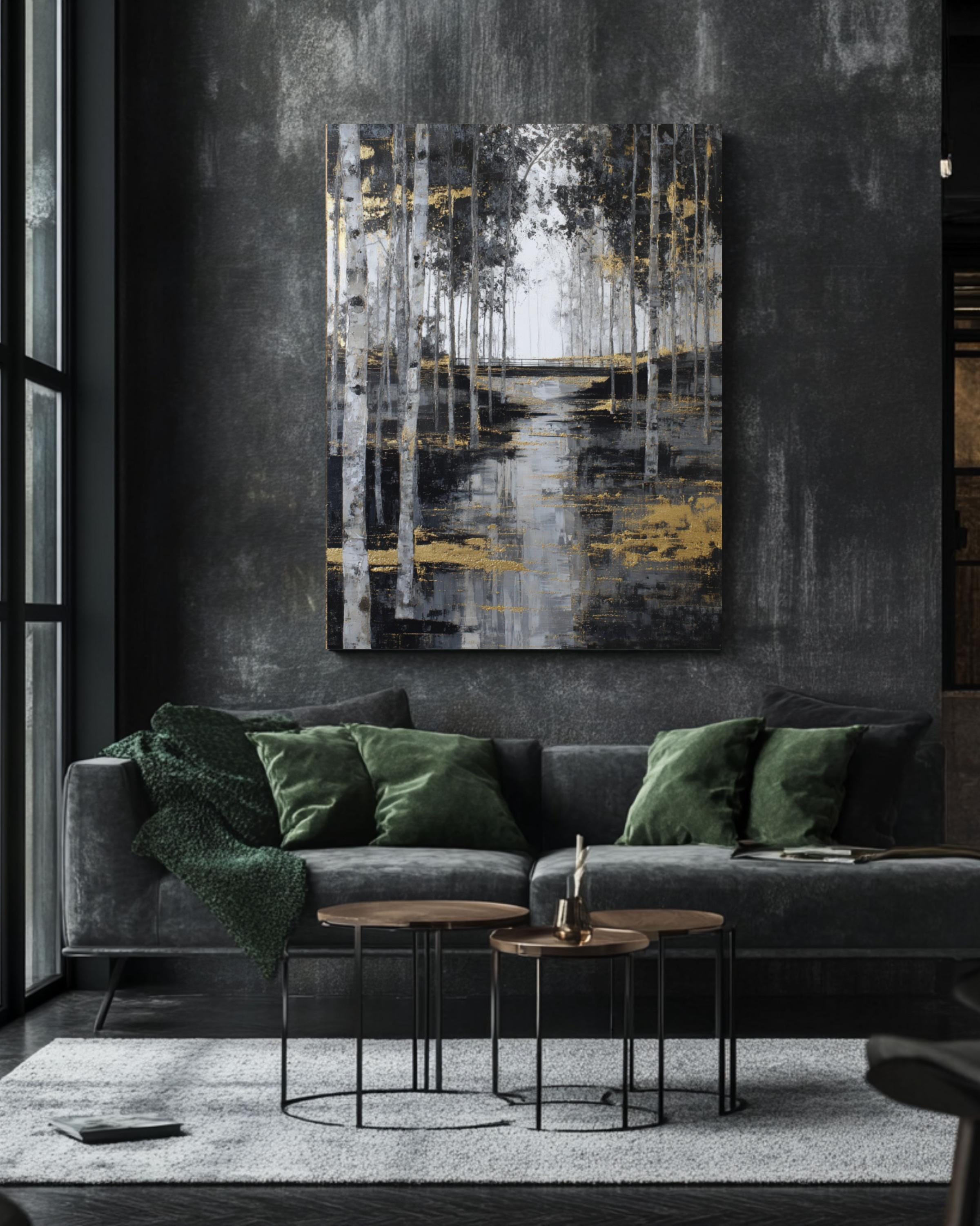 Abstract Birch Tree Forest Art: Gold Accent Landscape Print Canvas Wall Art – Modern Decor Print