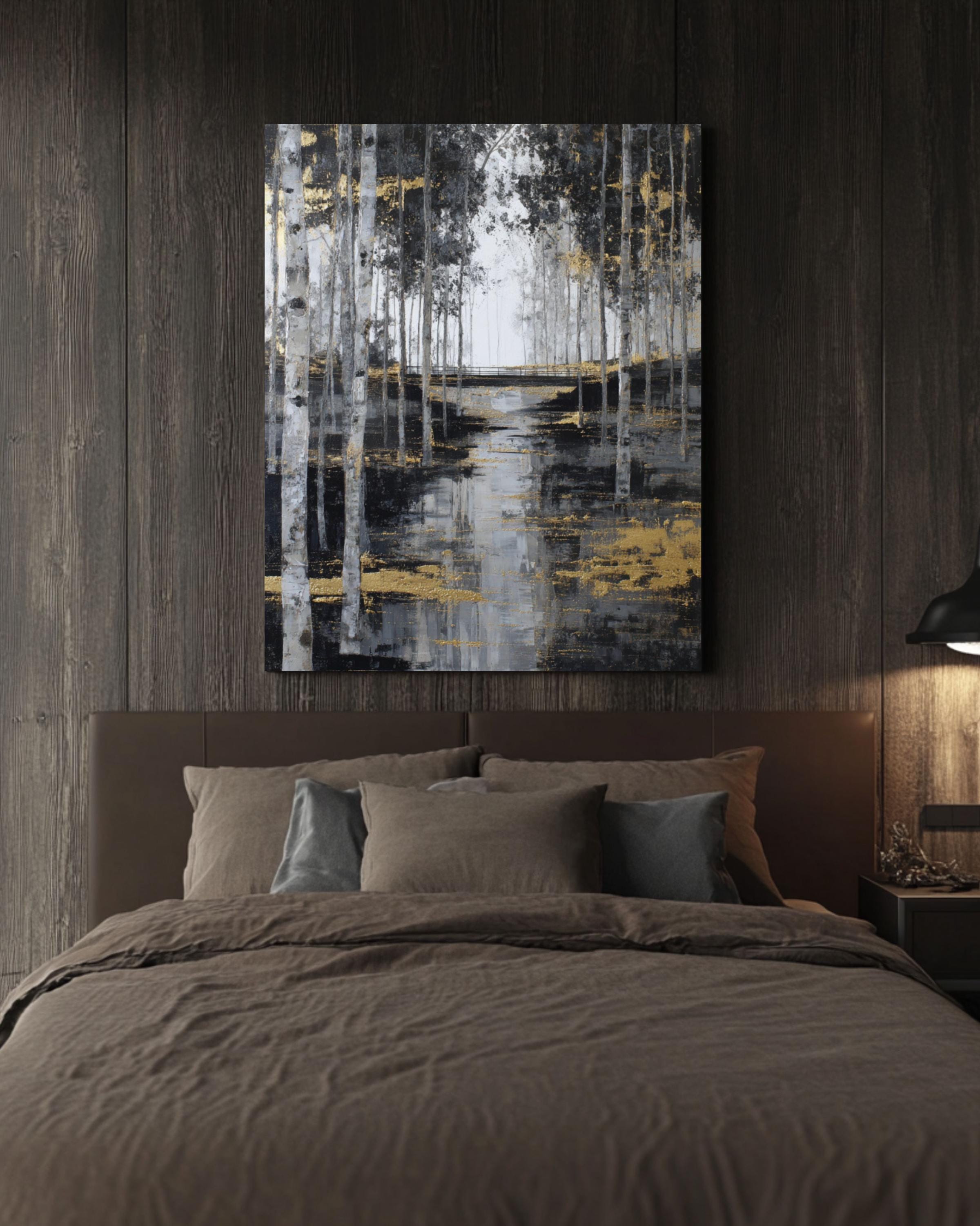 Abstract Birch Tree Forest Art: Gold Accent Landscape Print Canvas Wall Art – Modern Decor Print