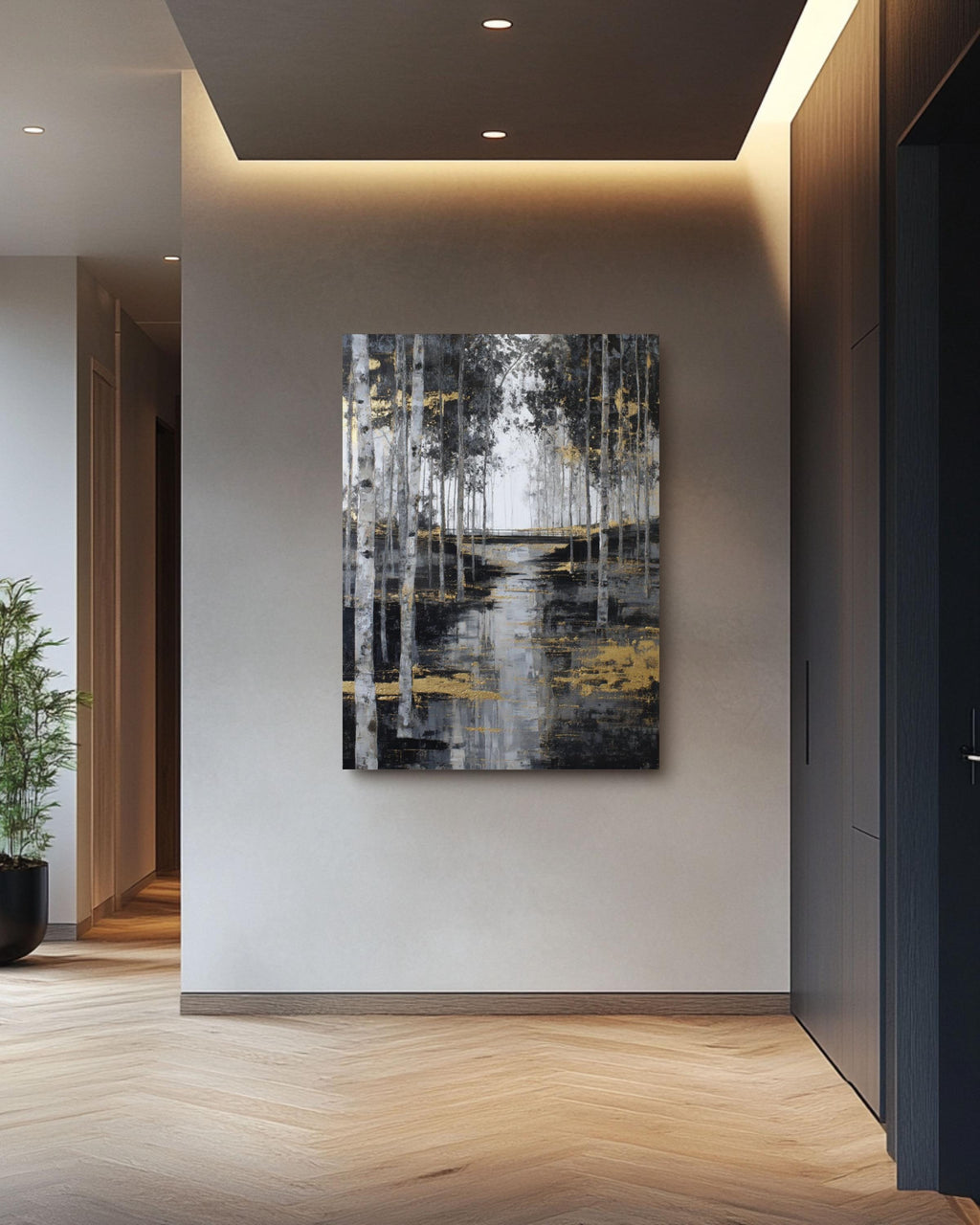 Abstract Birch Tree Forest Art: Gold Accent Landscape Print Canvas Wall Art – Modern Decor Print