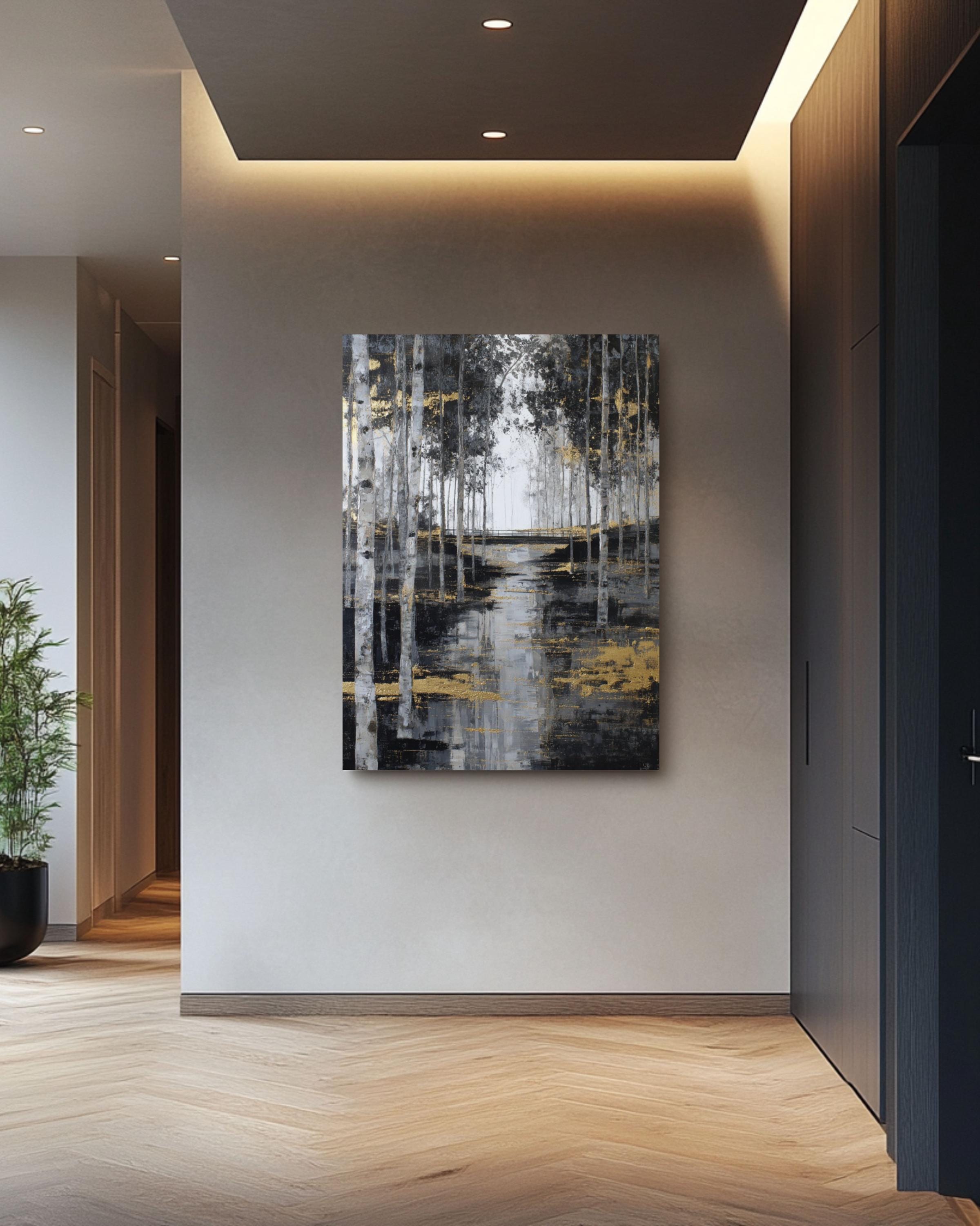 Abstract Birch Tree Forest Art: Gold Accent Landscape Print Canvas Wall Art – Modern Decor Print