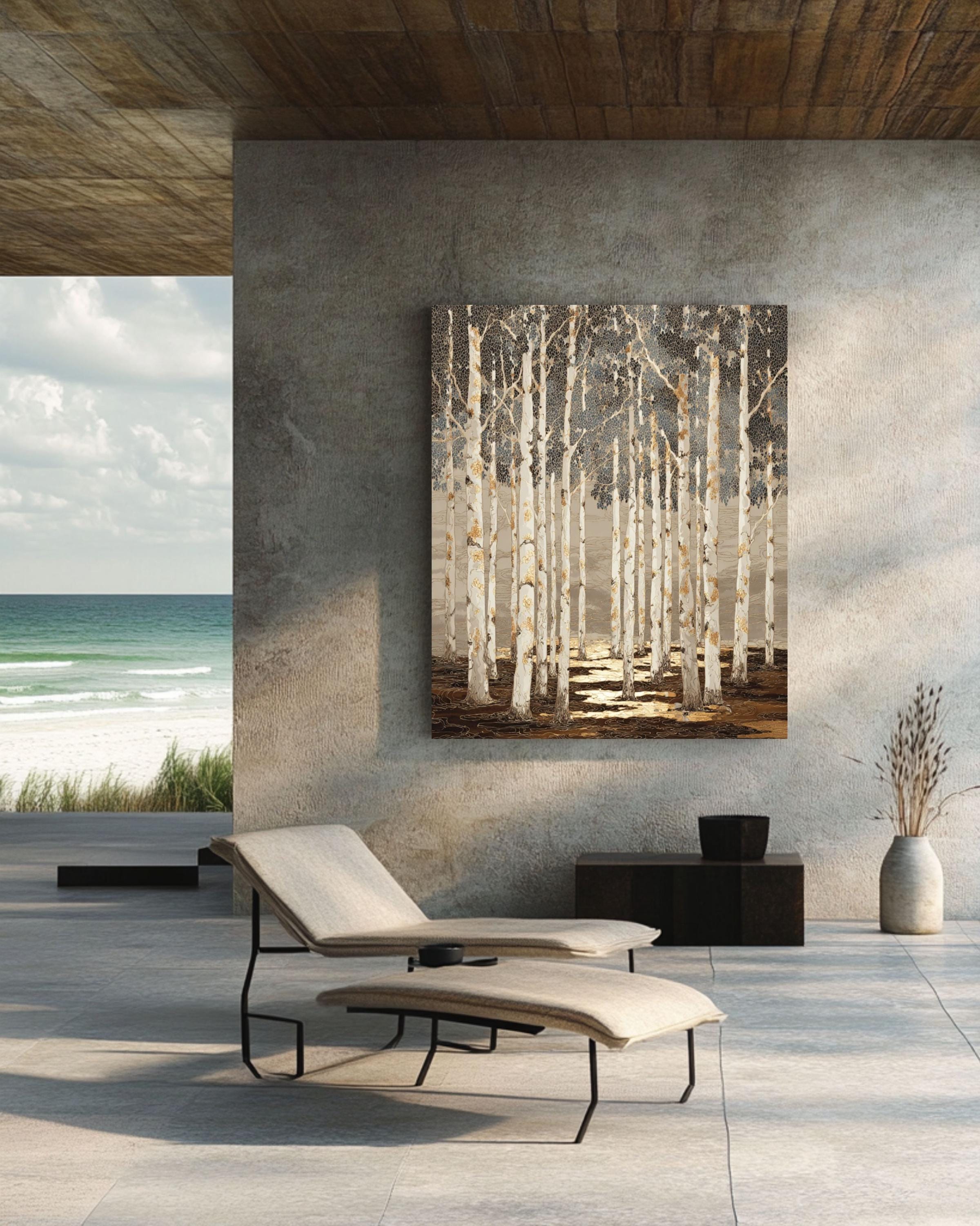 Batik Birch Tree Forest Art Print: Tan, Black & Gold Highlights Canvas Wall Art – Modern Decor Print