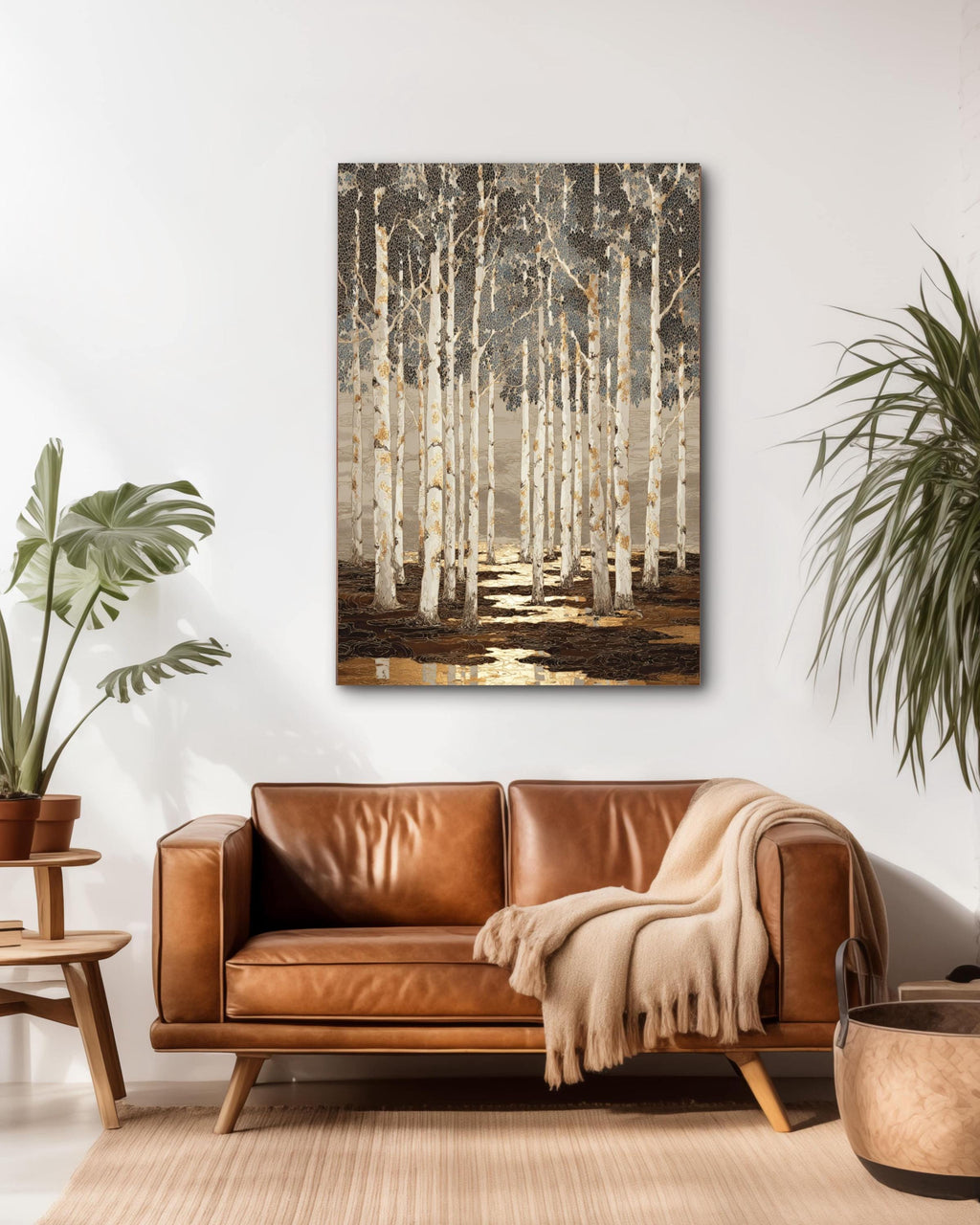 Batik Birch Tree Forest Art Print: Tan, Black & Gold Highlights Canvas Wall Art – Modern Decor Print