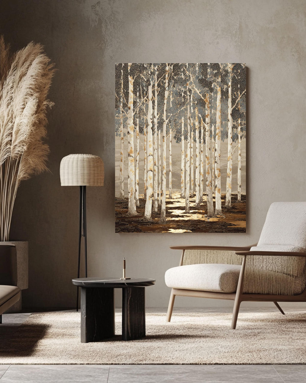 Batik Birch Tree Forest Art Print: Tan, Black & Gold Highlights Canvas Wall Art – Modern Decor Print
