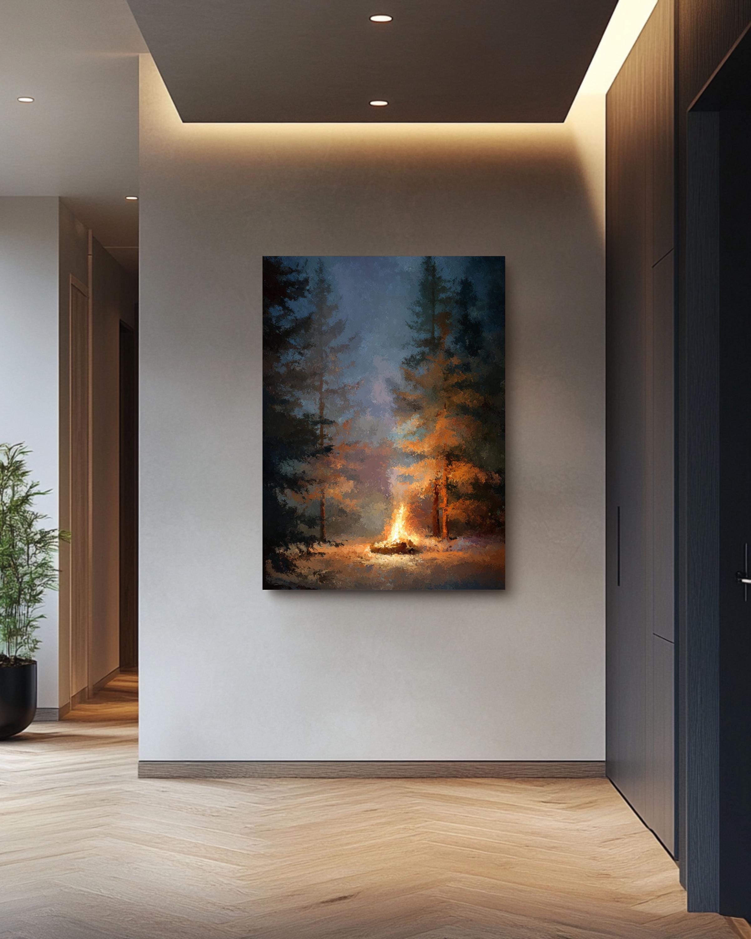 Campfire Forest Art Print: Cozy Cabin Decor, Oil Style Canvas Wall Art – Modern Decor Print