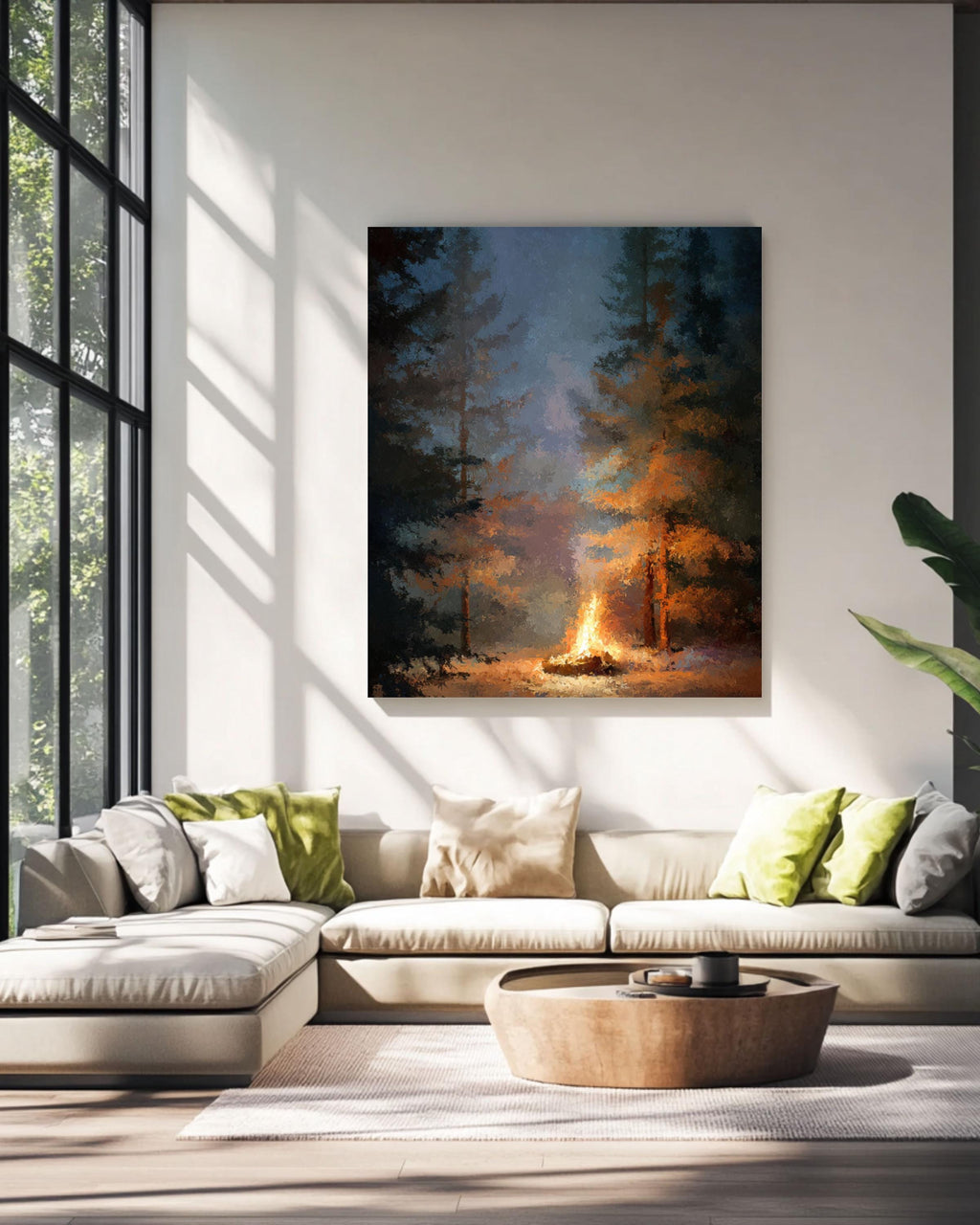 Campfire Forest Art Print: Cozy Cabin Decor, Oil Style Canvas Wall Art – Modern Decor Print