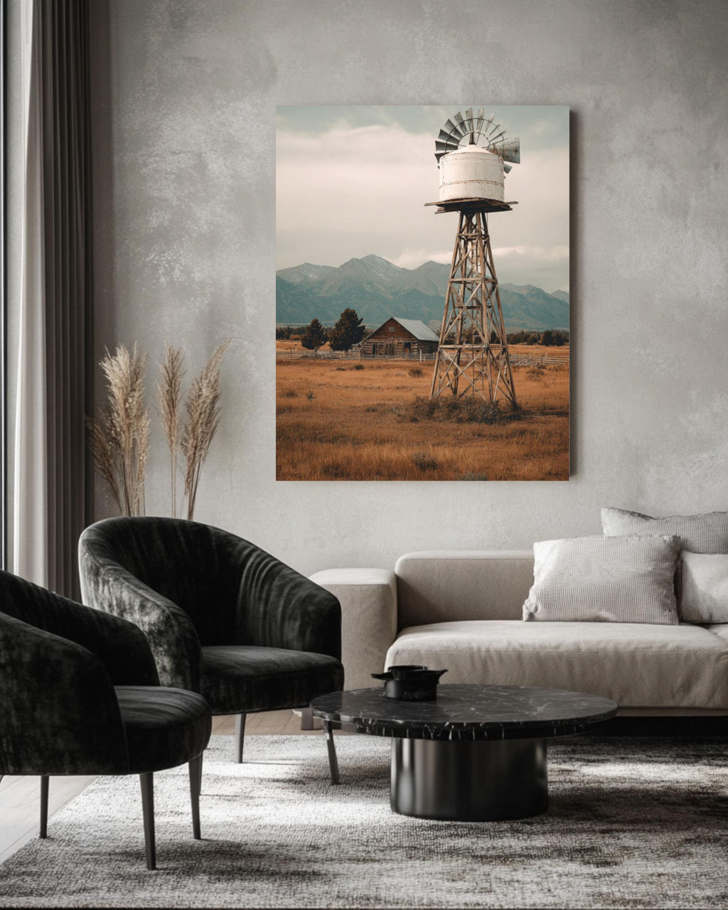 Vintage Windmill Farm Photo: Rustic Americana Landscape Art Print Canvas Wall Art – Modern Decor Print