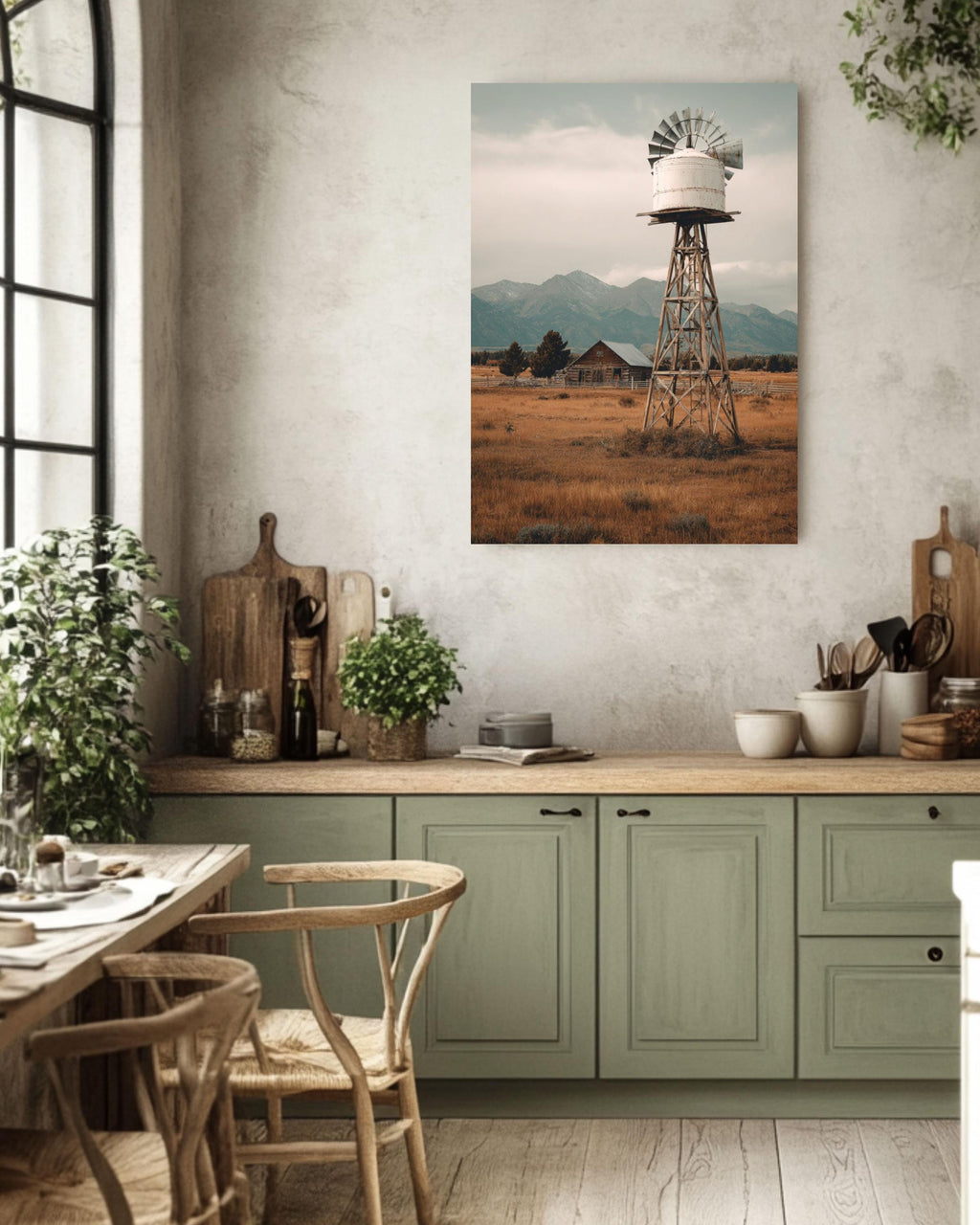 Vintage Windmill Farm Photo: Rustic Americana Landscape Art Print Canvas Wall Art – Modern Decor Print
