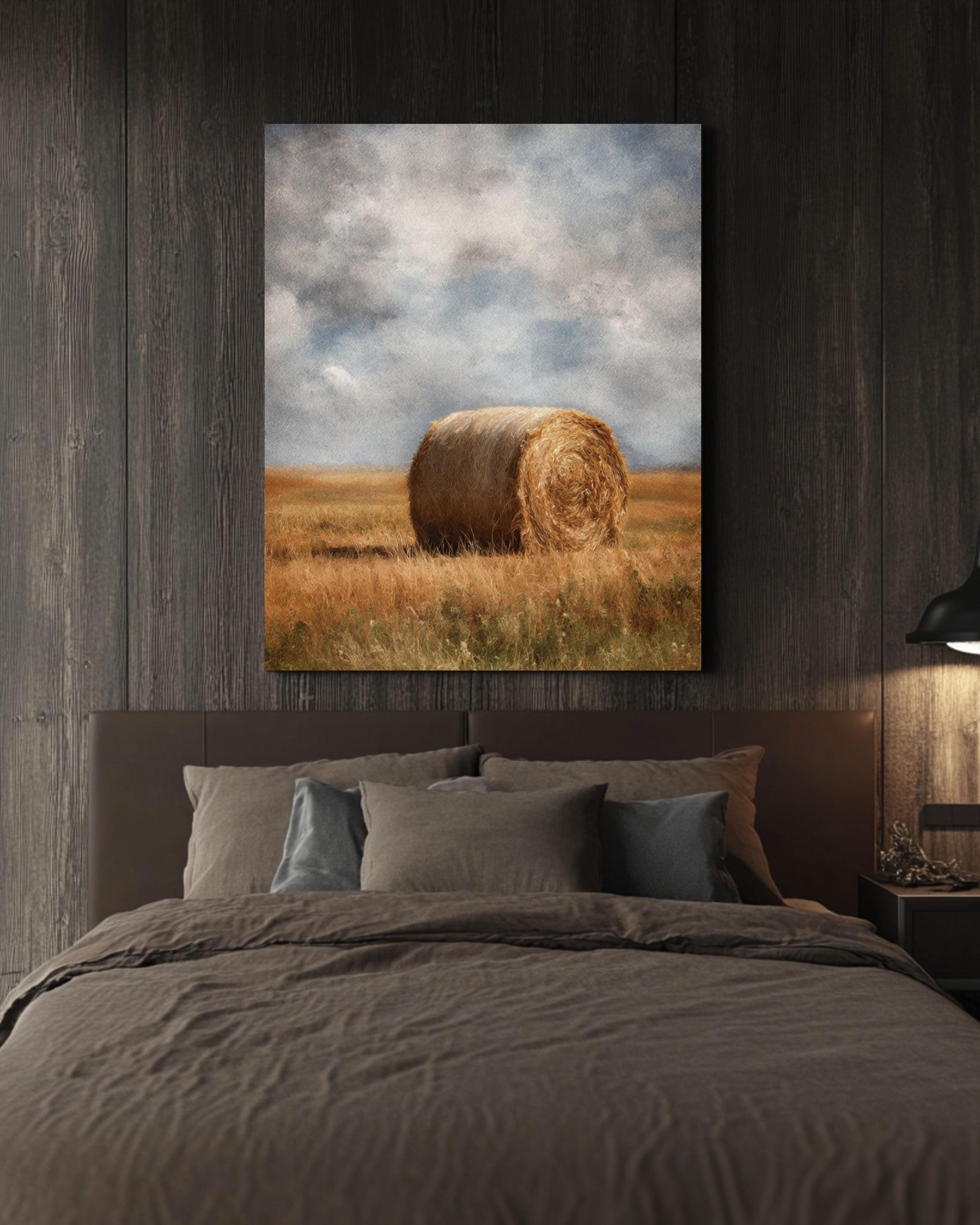 Vintage Hay Bale Field Art: Rustic Country Landscape Print Canvas Wall Art – Modern Decor Print