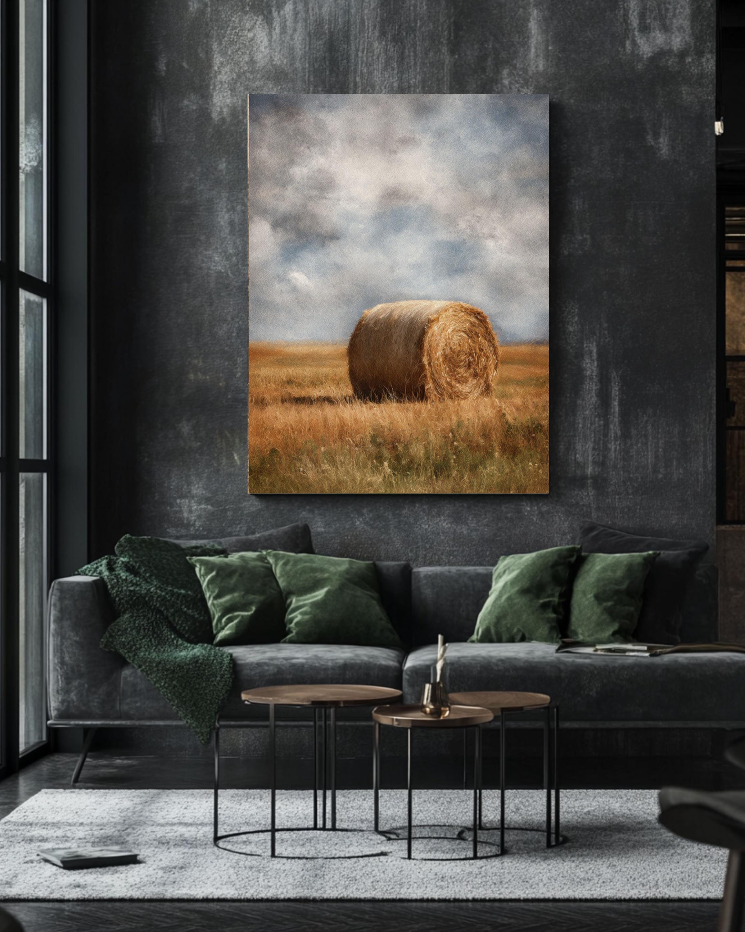 Vintage Hay Bale Field Art: Rustic Country Landscape Print Canvas Wall Art – Modern Decor Print