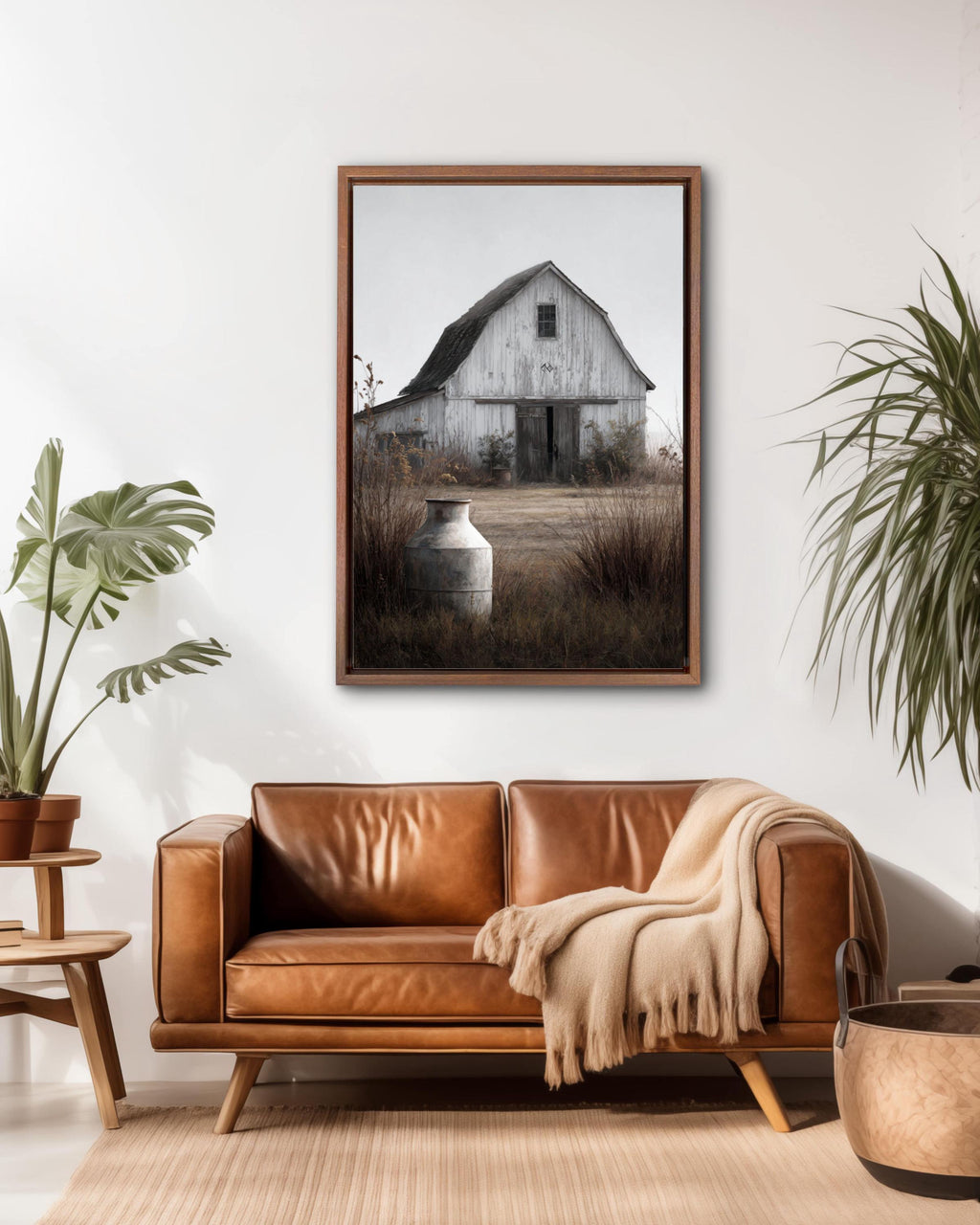 Rustic White Barn Print: Farmhouse Milk Can, Arrow Detail Canvas Wall Art – Modern Decor Print